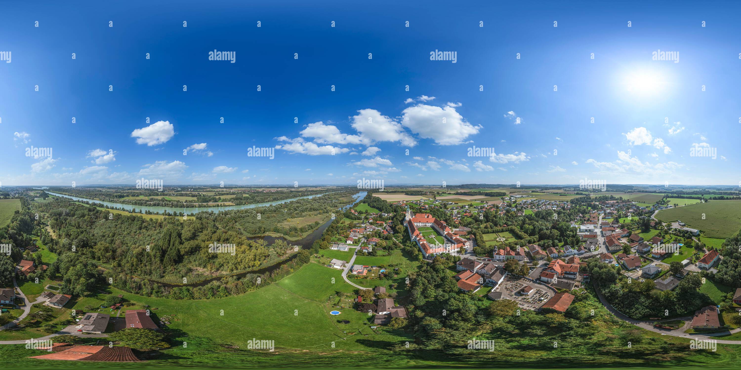 360 degree panoramic view of 360° - Aerial view to the monastry of Reichersberg in Upper Austria