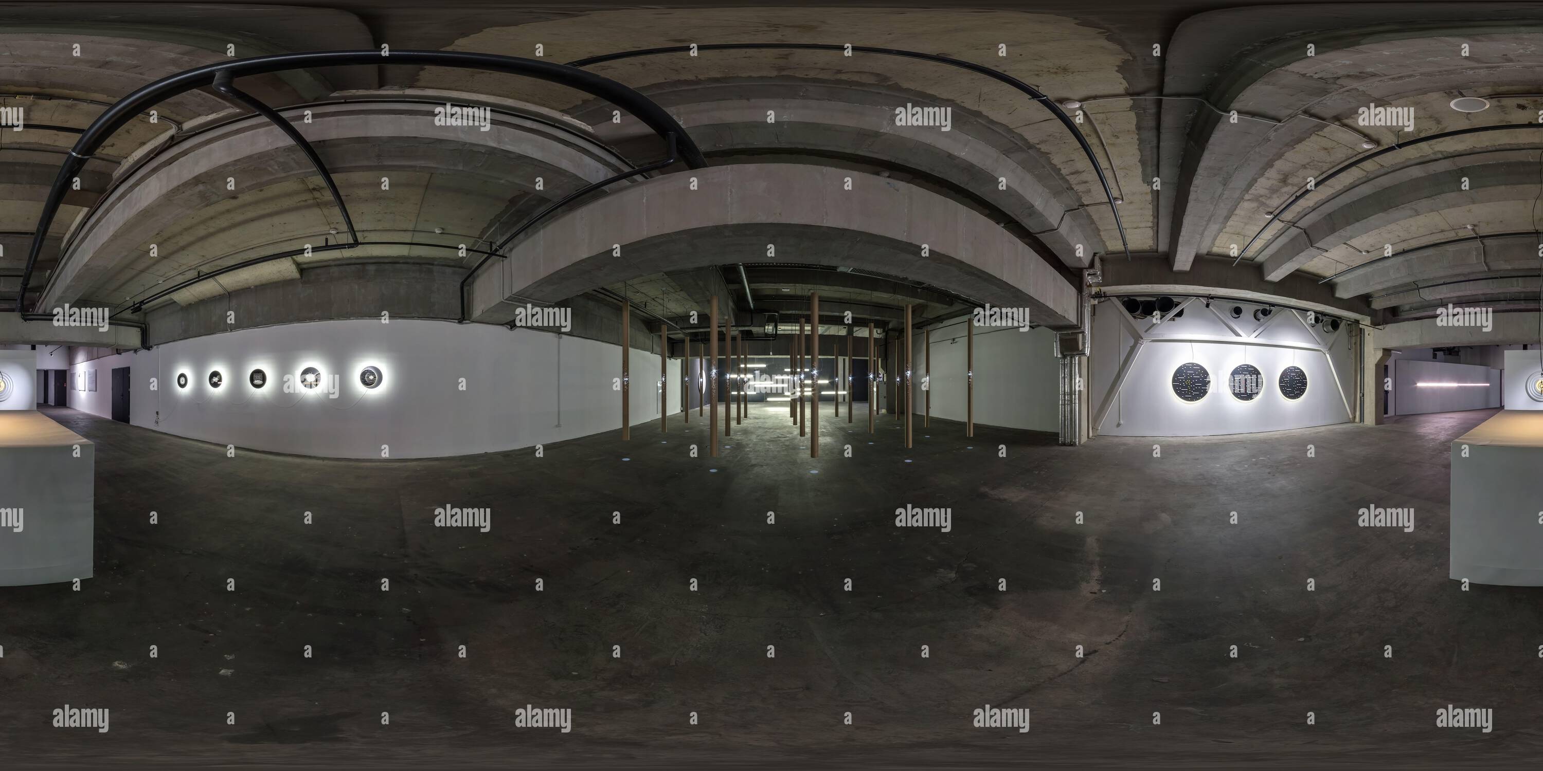 360 degree panoramic view of MINSK, BELARUS - MAY 2020: seamless spherical hdri 360 panorama in interior of large empty room as light exhibition gallery of contemporary art in ind