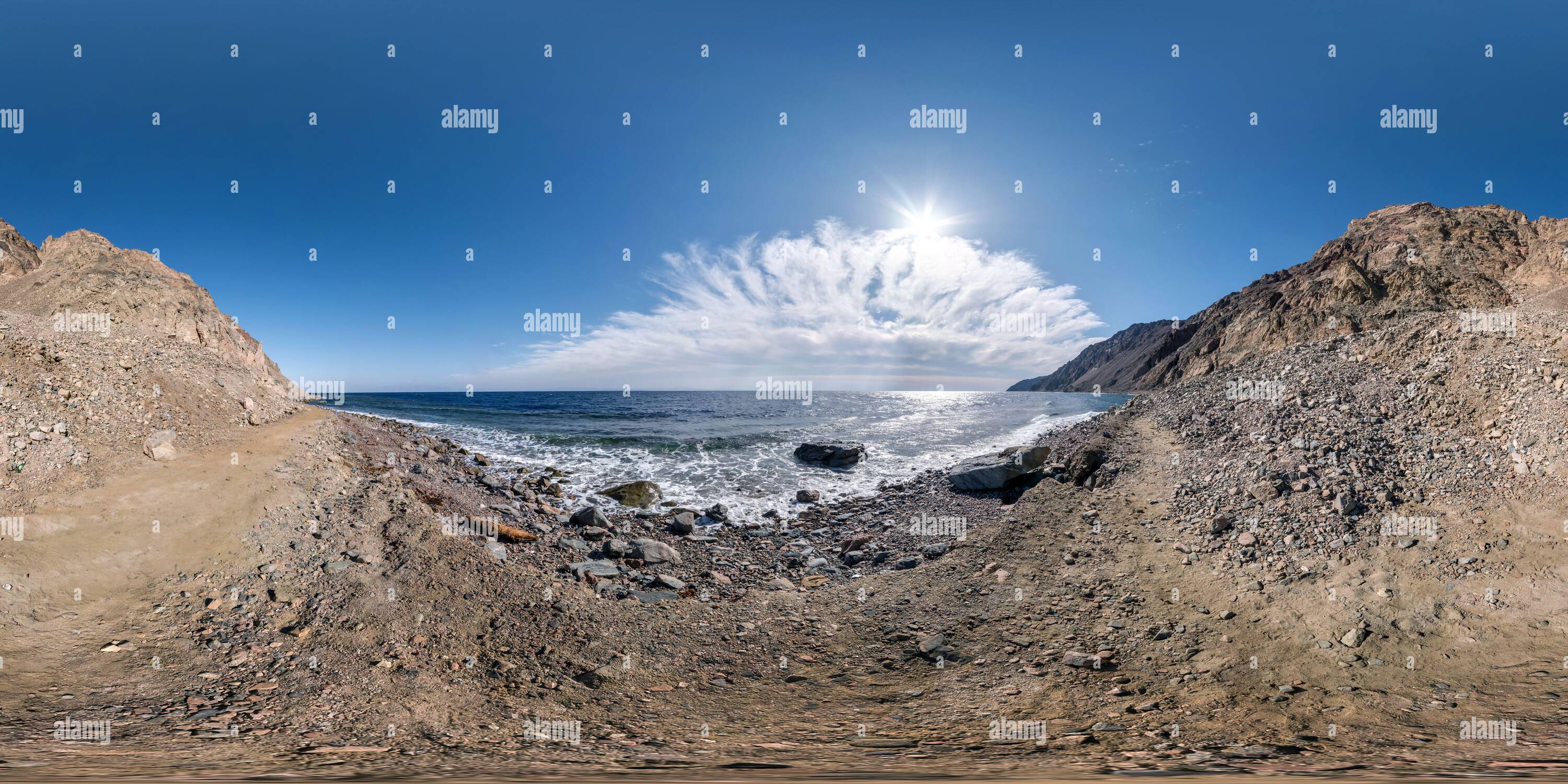 360 degree panoramic view of full seamless spherical hdr 360 panorama view on coast of sea high in sandy mountains with awesome clouds in equirectangular projection, ready for VR