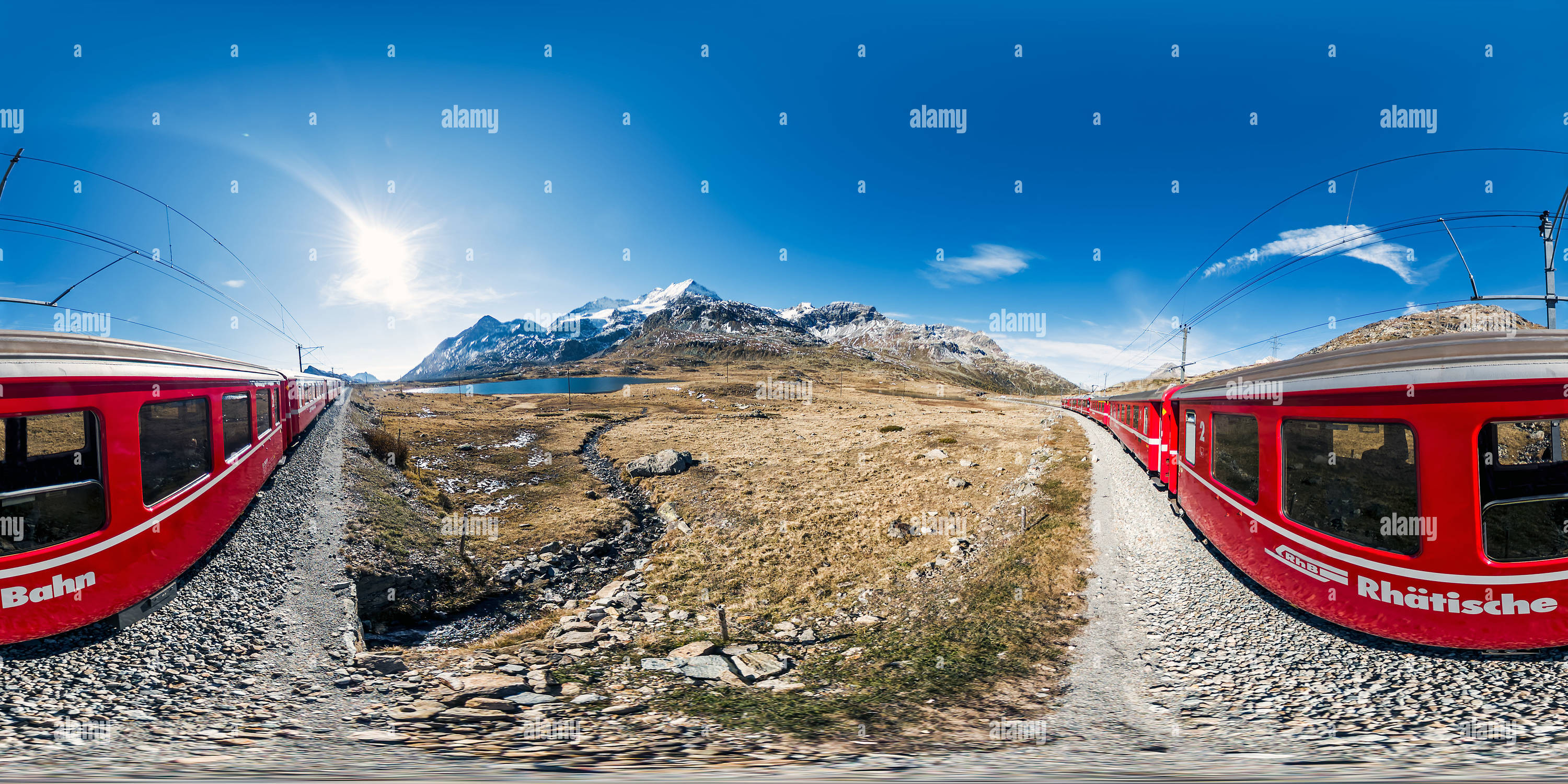 360 degree panoramic view of Rhaetische Bahn on Bernina line Switzerland near Ospizio Bernina