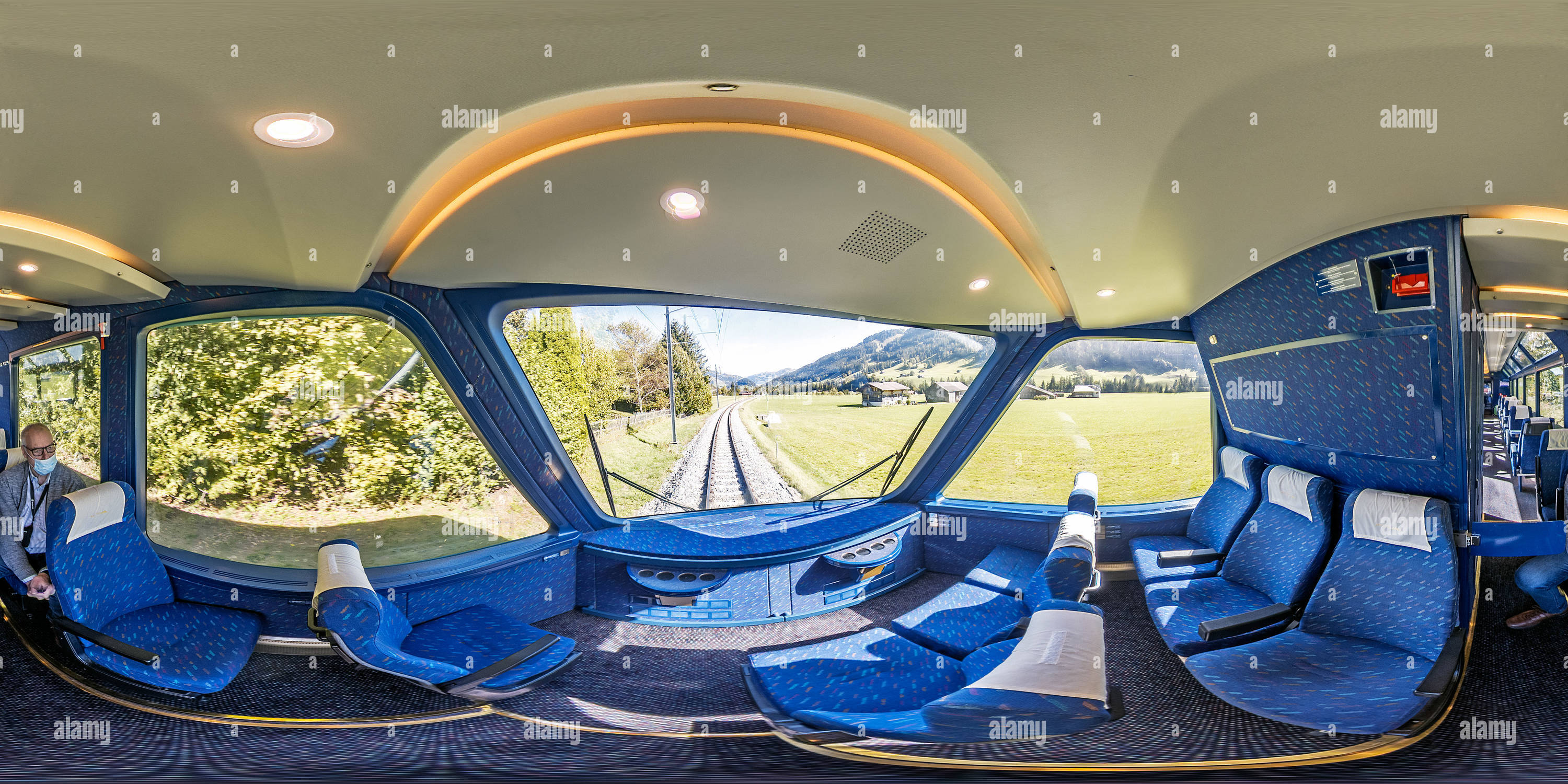 360 degree panoramic view of Golden Pass MOB Train  Zweisimmen Montreux Switzerland