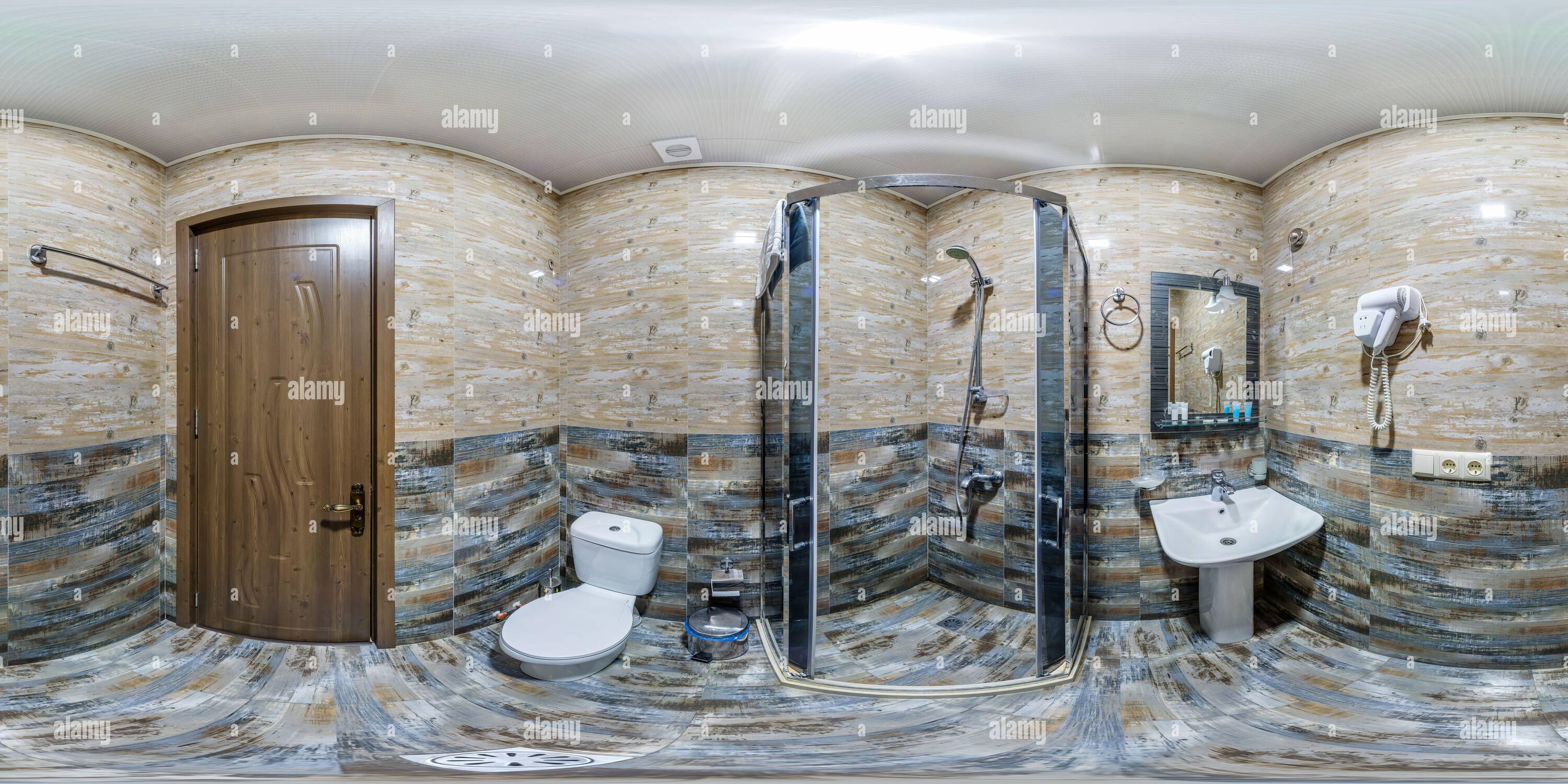 360 degree panoramic view of seamless 360 hdr panorama in interior of expensive combined bathroom in modern flat apartments with washbasin in equirectangular projection with zenit