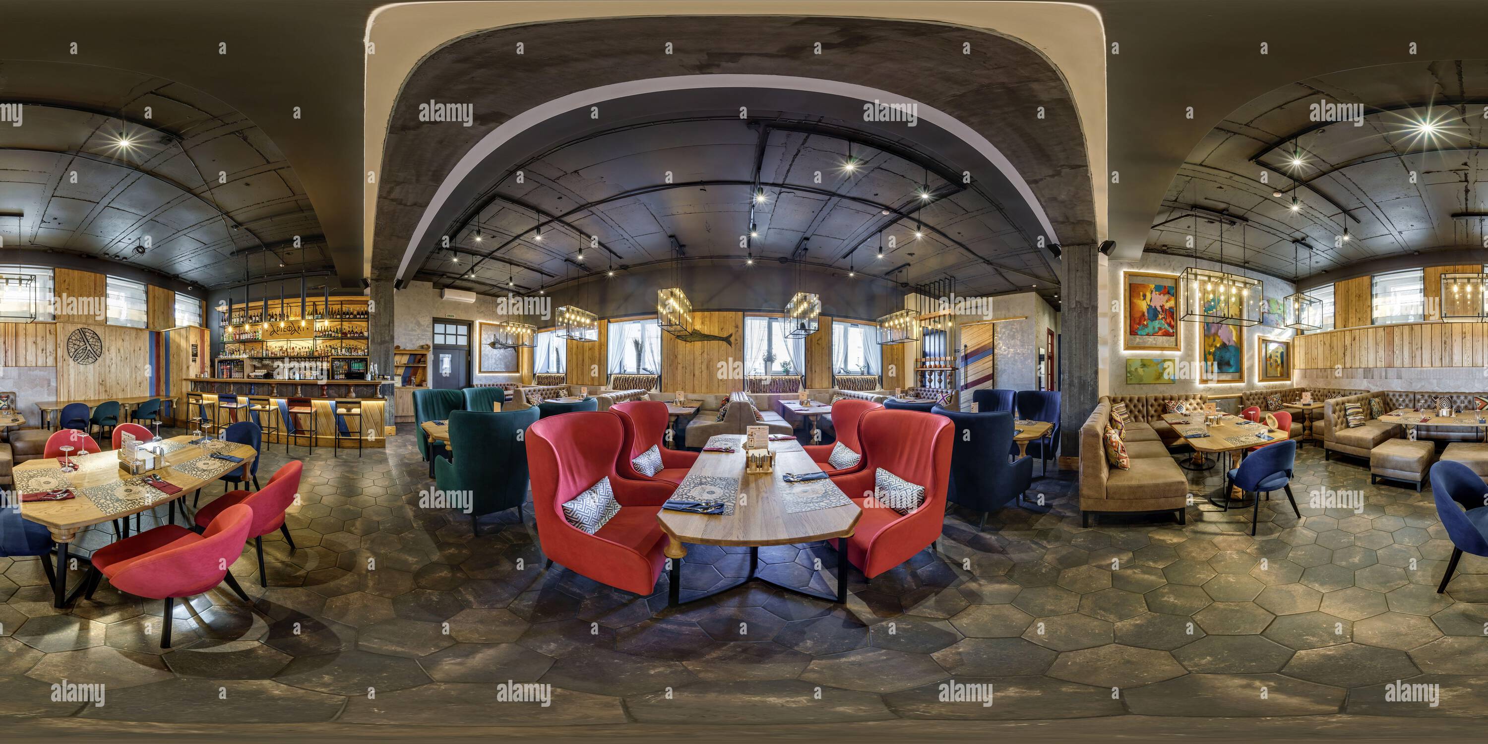 360 degree panoramic view of MOSCOW, RUSSIA - MAY, 2021: spherical seamless hdr 360 panorama in loft vip interior of banquet hall with appliances in luxury restaurant with intimat