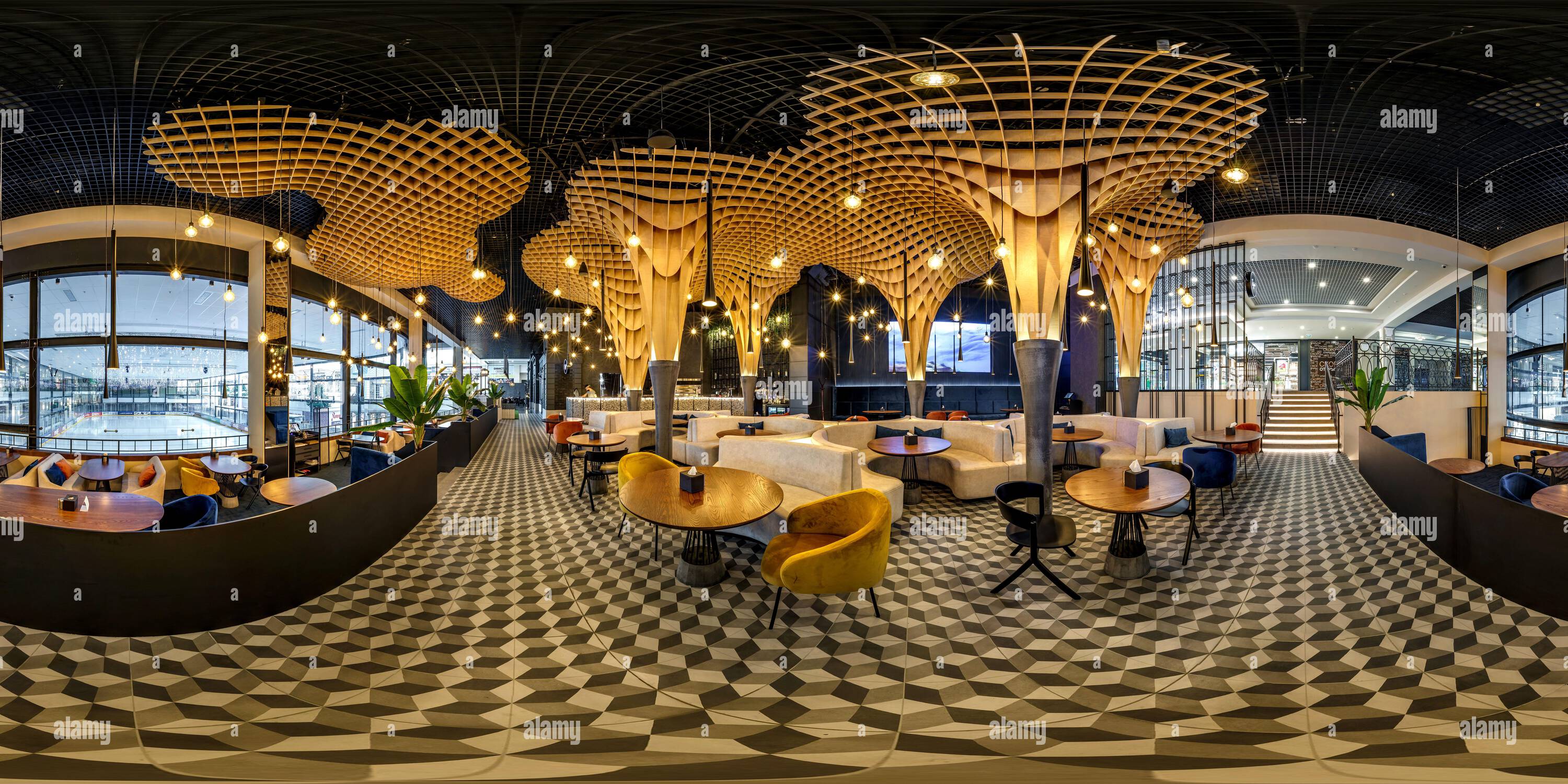 360 degree panoramic view of MOSCOW, RUSSIA - NOVEMBER, 2021: spherical seamless hdr 360 panorama in interior of banquet hall with appliances in luxury restaurant with intimate li