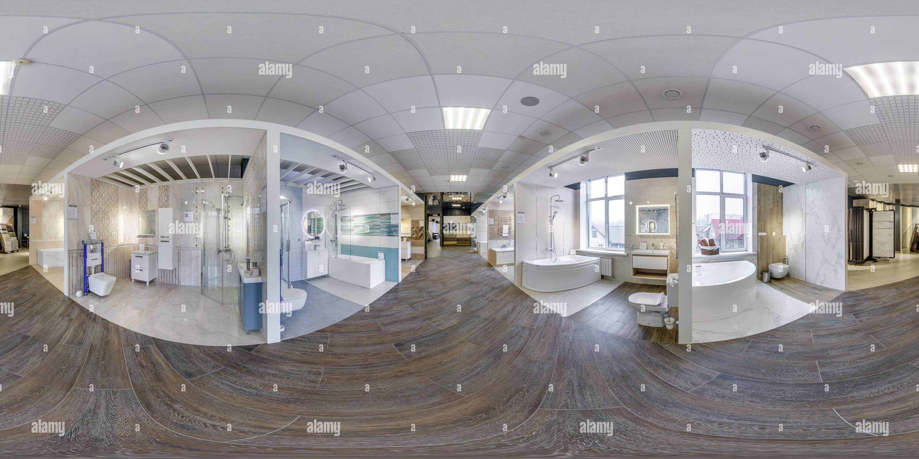 360 degree panoramic view of MINSK, BELARUS - APRIL, 2021: Full spherical seamless hdri panorama 360 degrees inside interior of showroom elite plumbing, ceramic tile and natural s