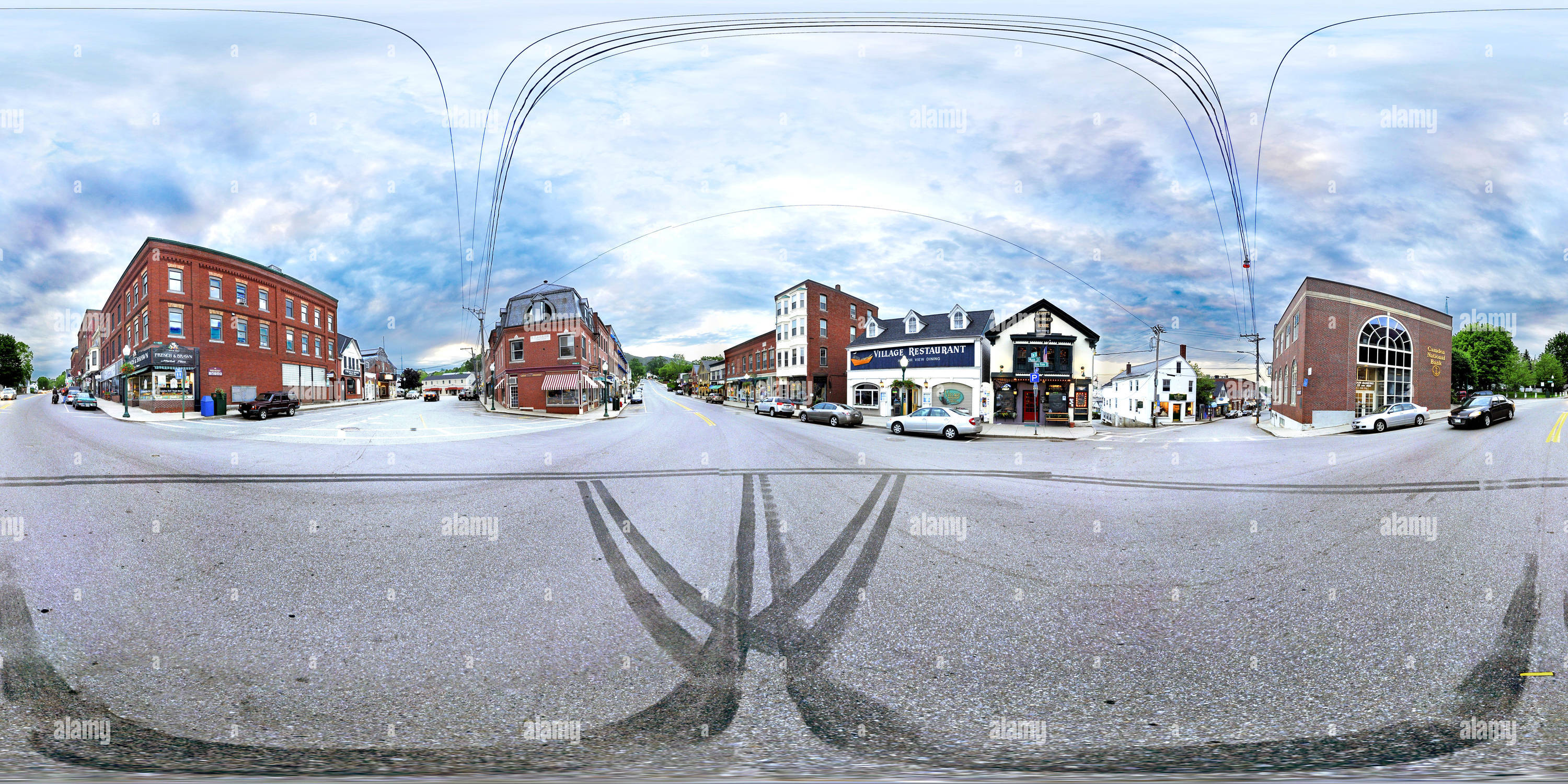 360 degree panoramic view of Downtown Camden Maine with Peace Sign