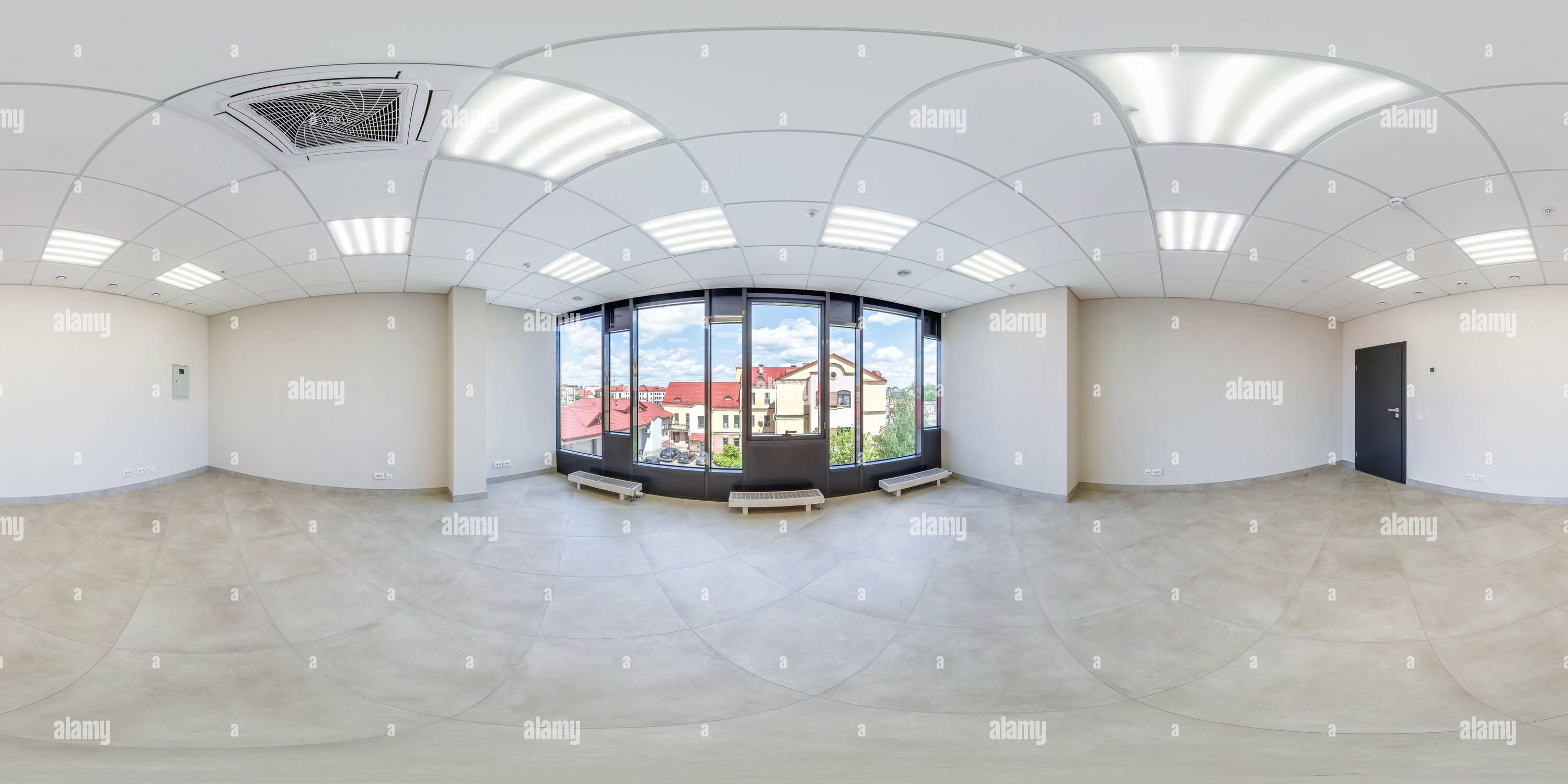 360° view of full seamless spherical hdri 360 panorama in interior of empty  white room with repair for office or store with panoramic windows  overlooking the old t - Alamy