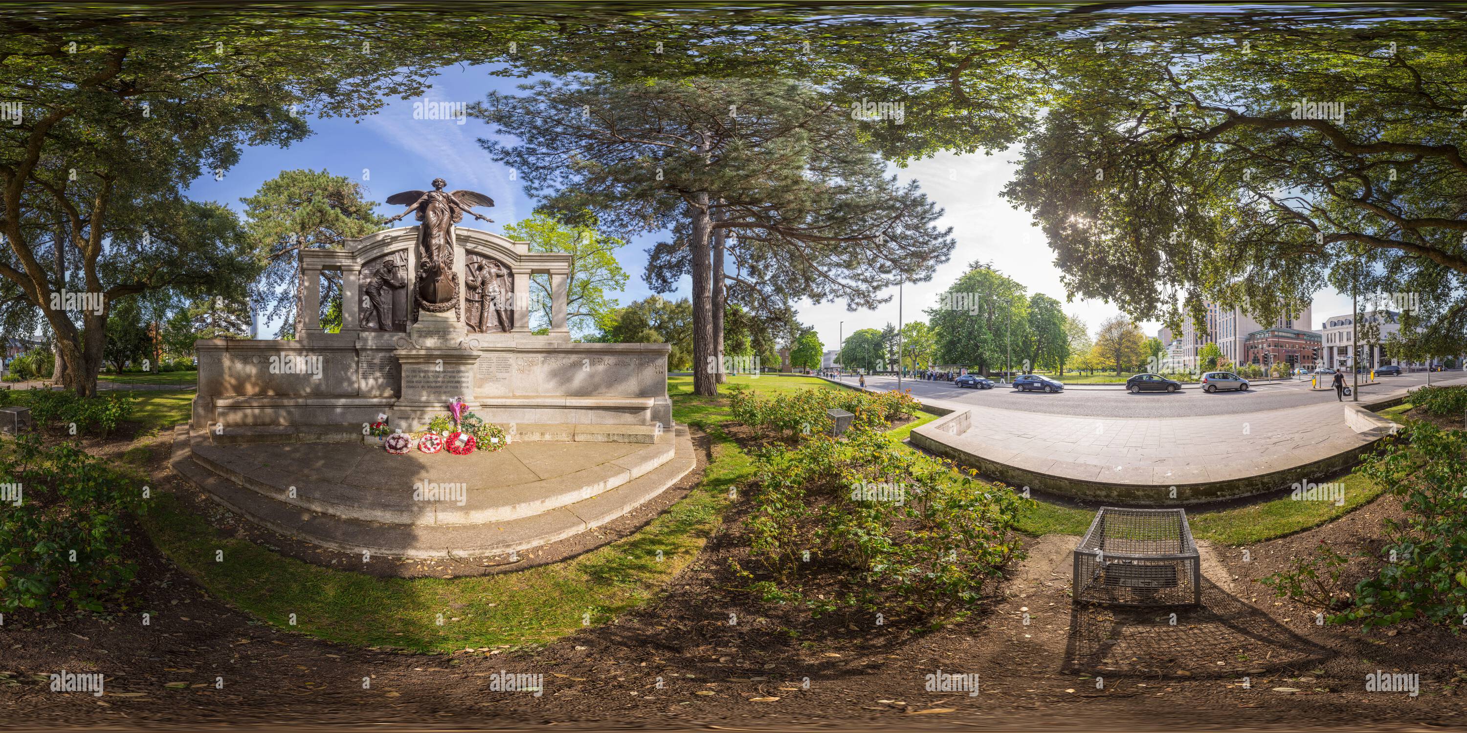 360 degree panoramic view of The bronze and granite Titanic Memorial in East Park (or Andrews Park), Southampton UK, for the engineers lost when RMS Titanic sank on 15 April 1912