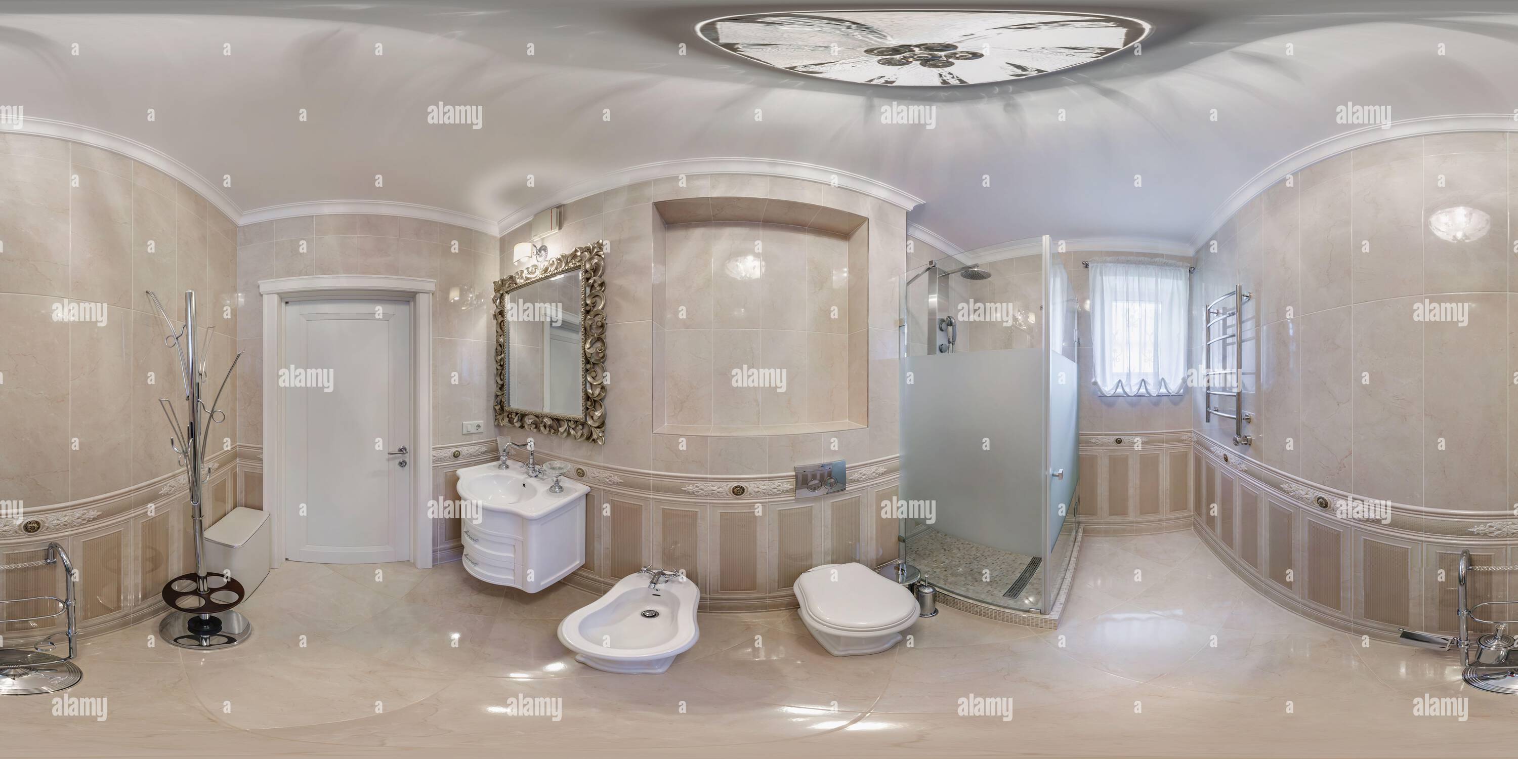 360 degree panoramic view of white seamless 360 hdr panorama in interior of expensive bathroom in modern flat apartments with bidet and washbasin in equirectangular projection wit