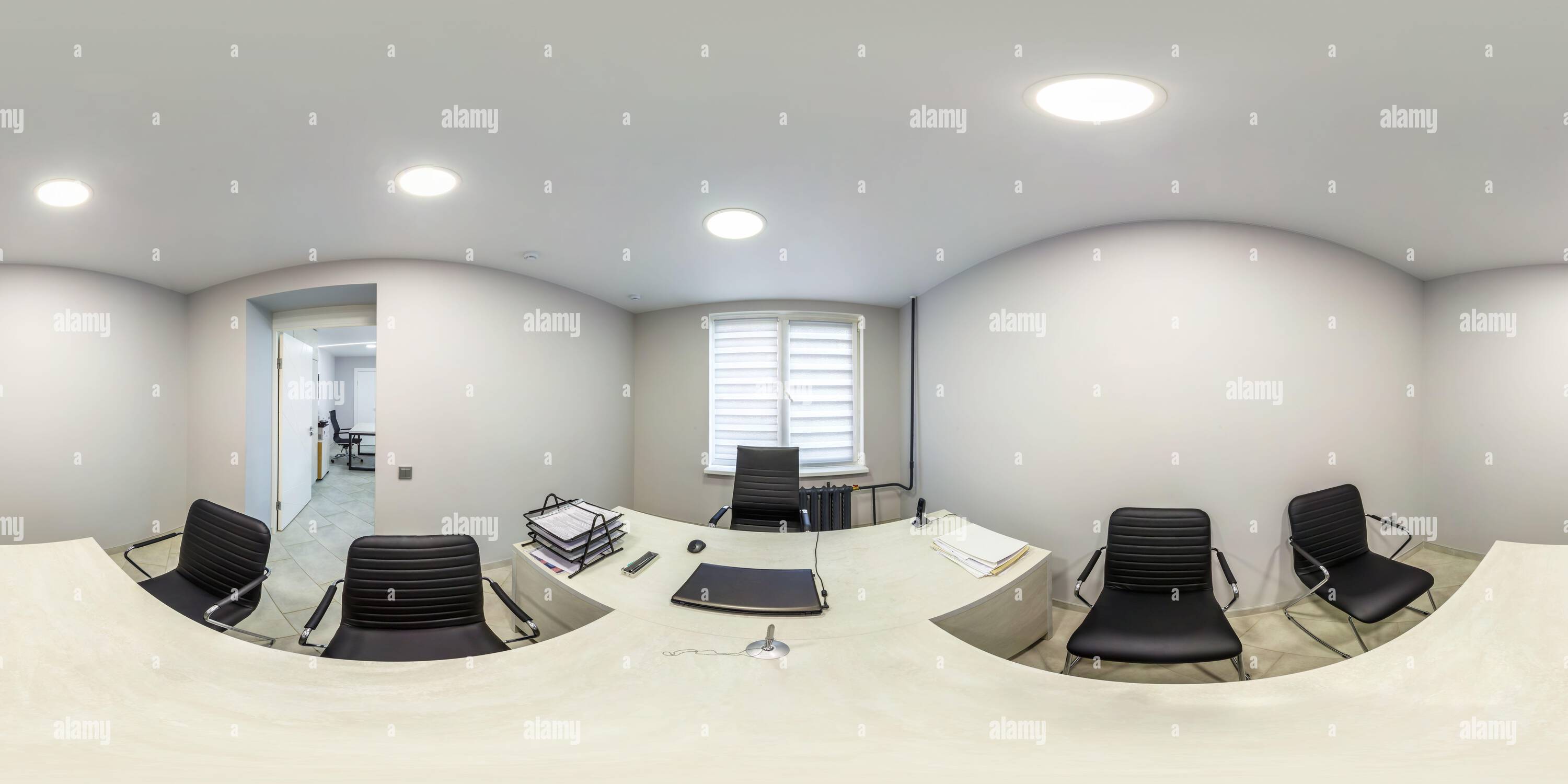 360 degree panoramic view of full seamless spherical hdri panorama 360 in  interior work room or director or manager office in modern working office in equirectangular projection.