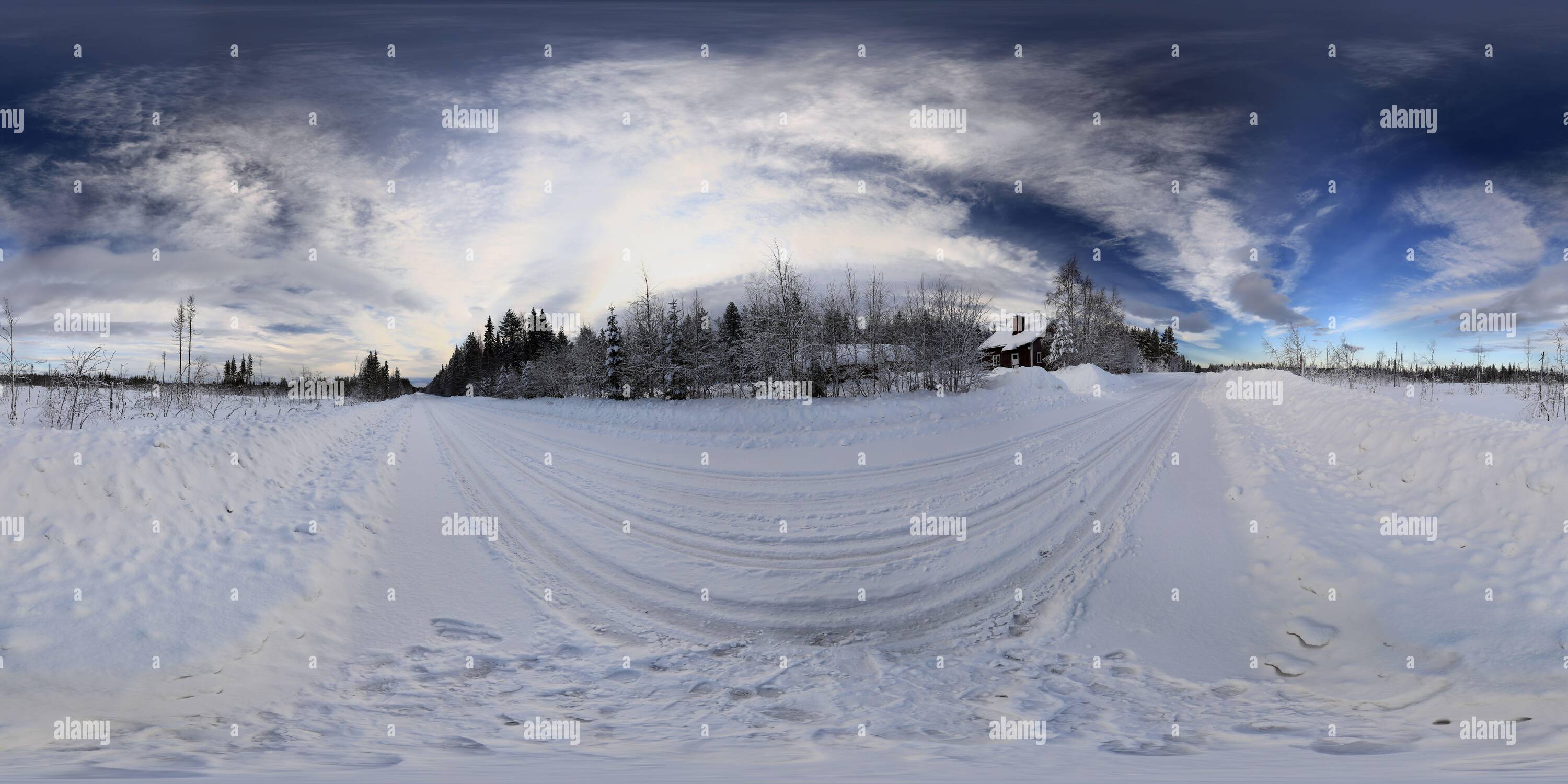 360 degree panoramic view of Winter road in front of remote house in Swedish Lapland. Equirectangular projection is used.