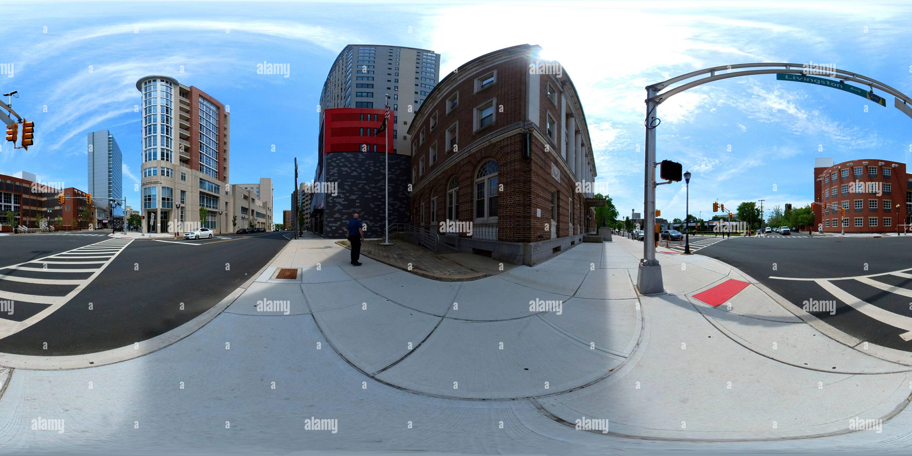 360 degree panoramic view of Downtown New Brunswick, NJ at the intersection of Livingston Avenue and George Street with the Heldrich Hotel and New Brunswick Performing Arts center