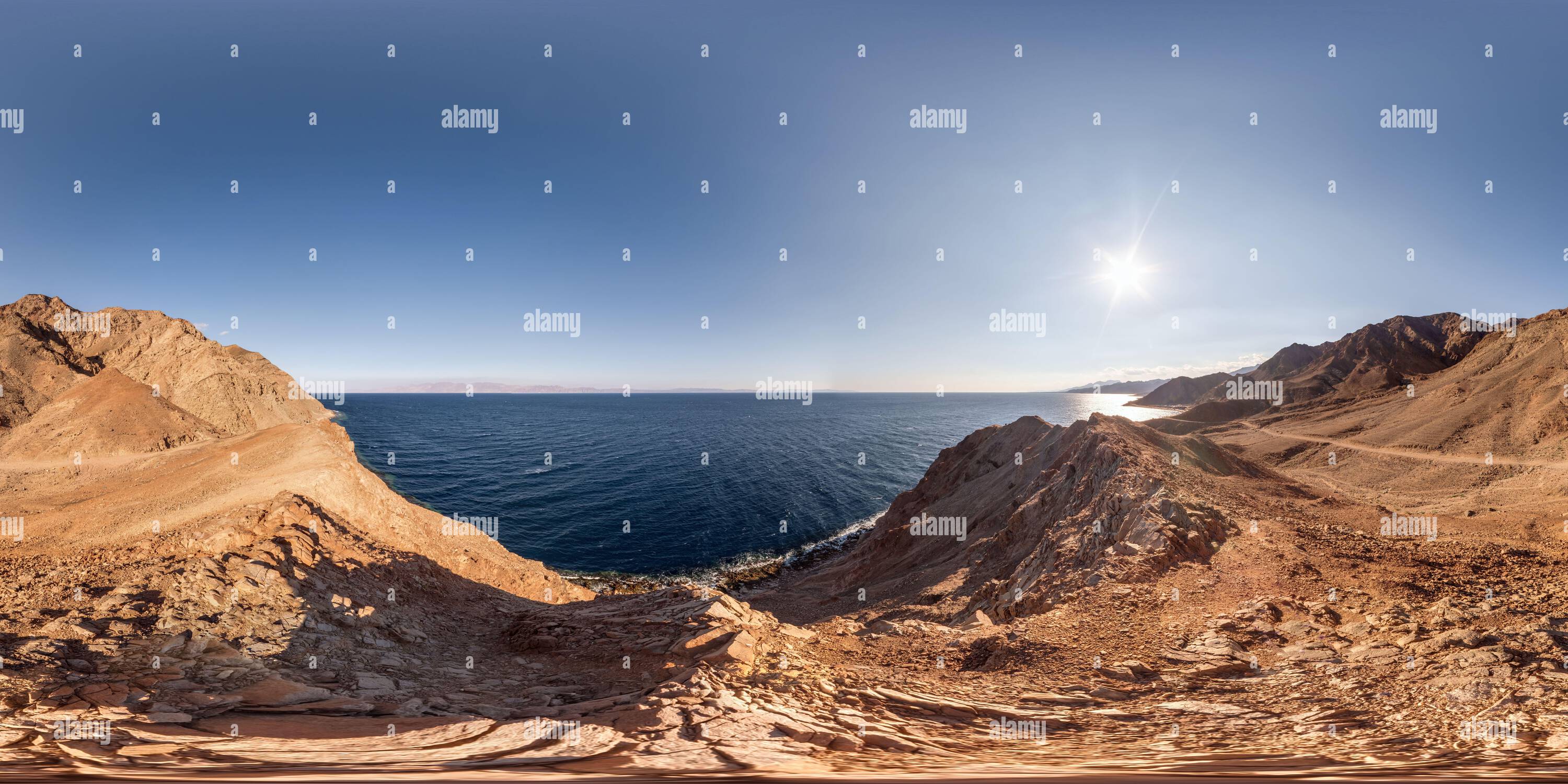 360 degree panoramic view of 360 hdr panorama view from the height of the mountains range  to the blue sea in seamless spherical equirectangular projection,