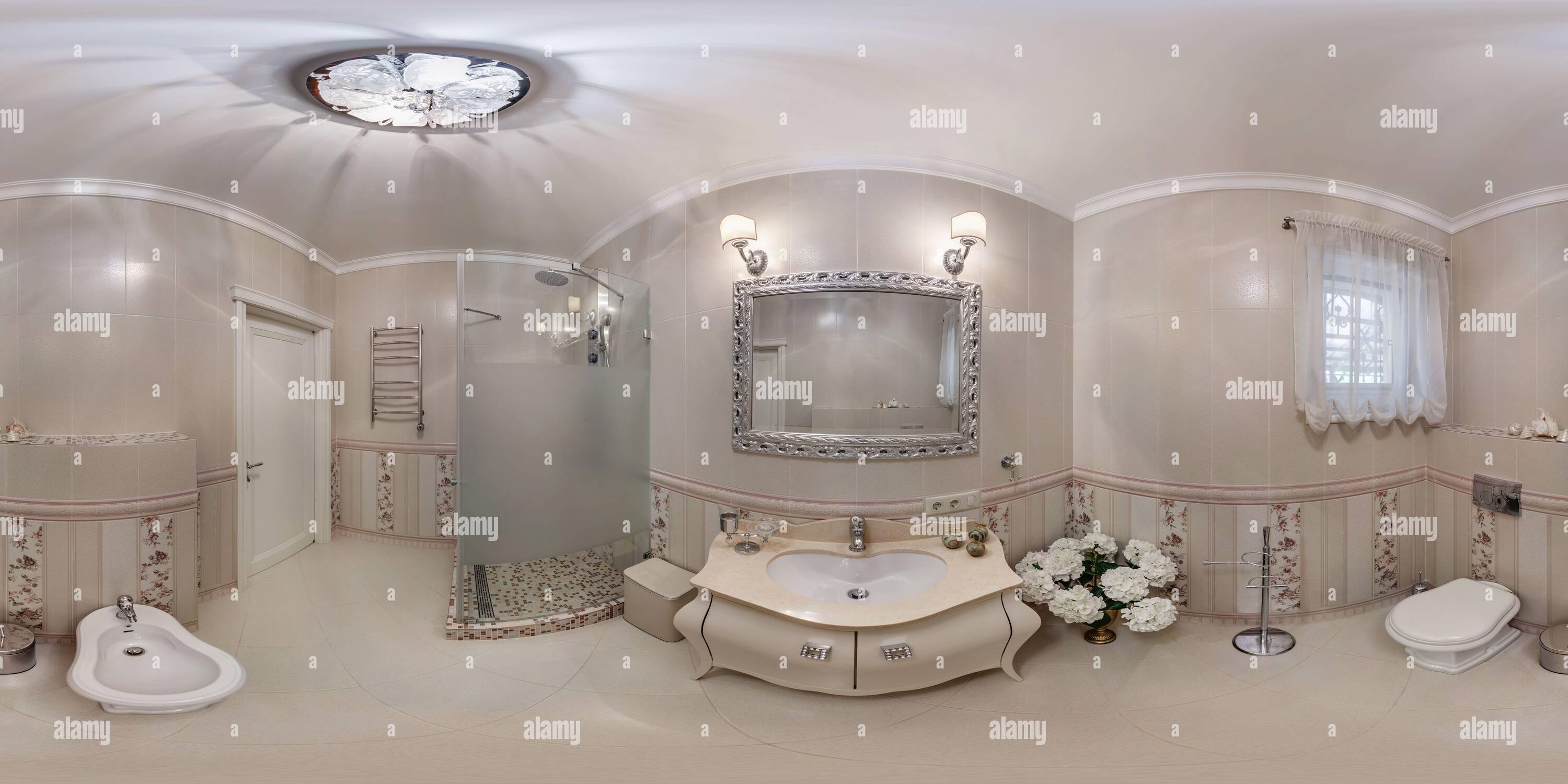 360 degree panoramic view of seamless 360 hdr panorama in interior of expensive bathroom in modern flat apartments with bidet and washbasin in equirectangular projection with zeni