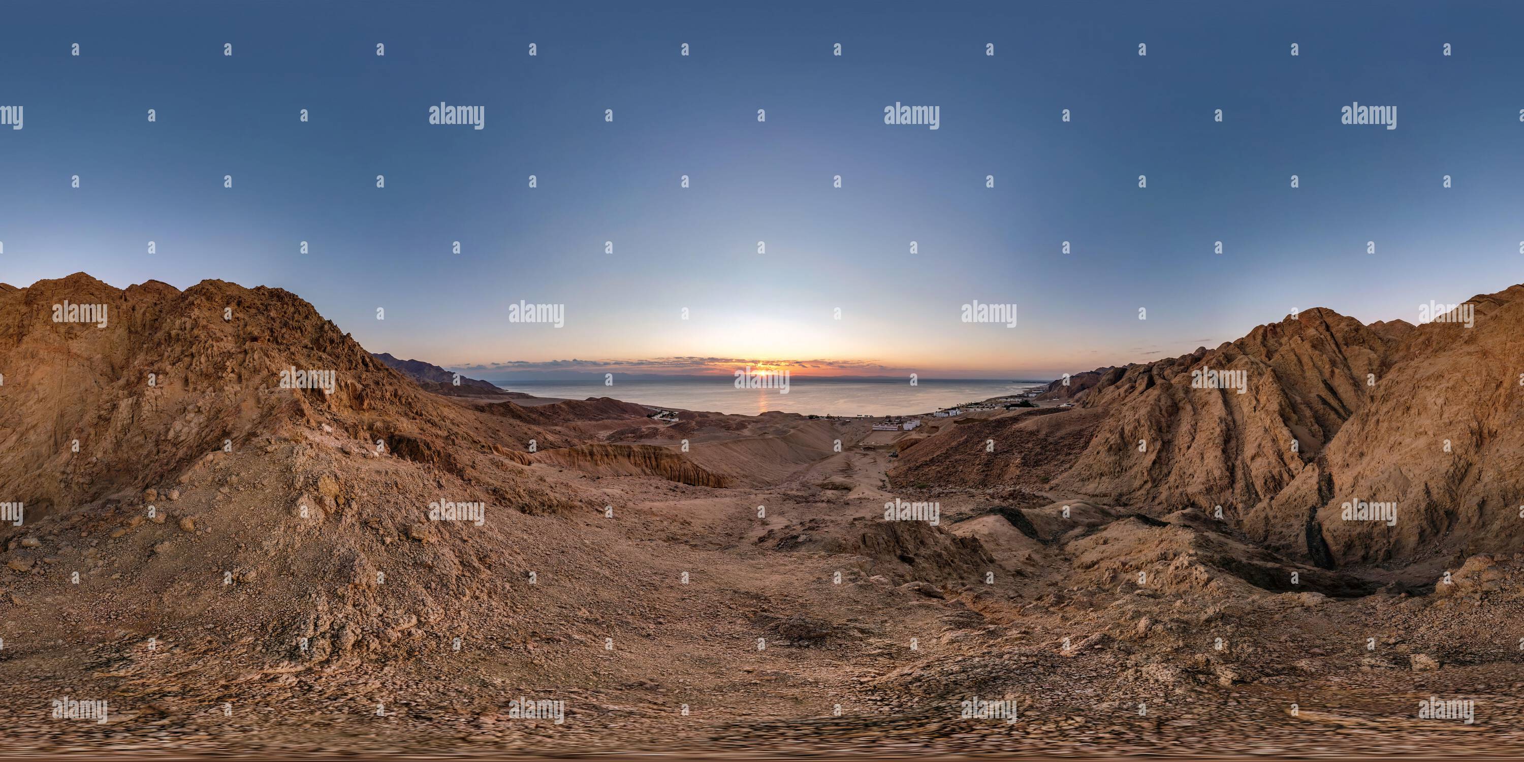 360 degree panoramic view of full seamless spherical hdri 360 panorama view of dawn on coast of sea high in sandy mountains with morning sun in equirectangular projection, ready f