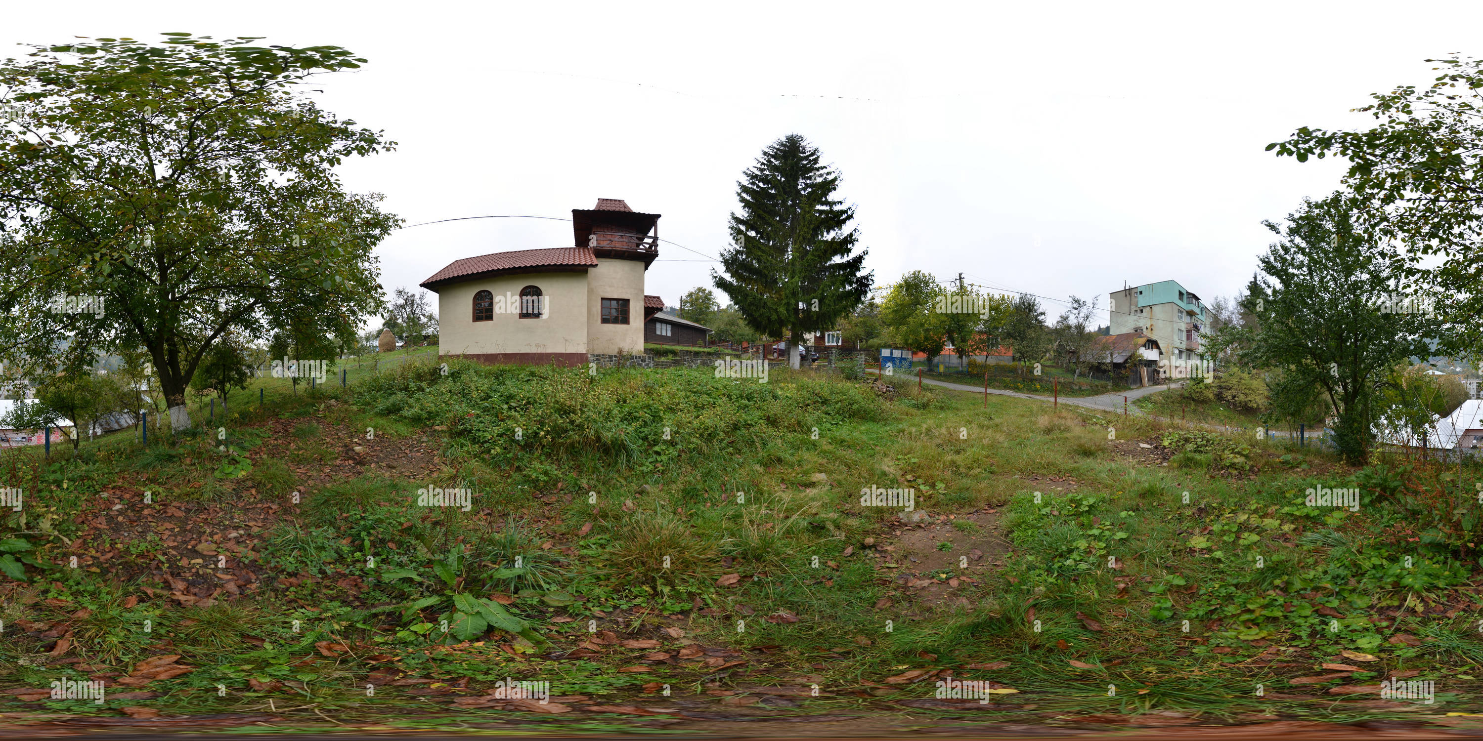360 degree panoramic view of Reformed Calvinist Church, exterior, Cavnic, Romania