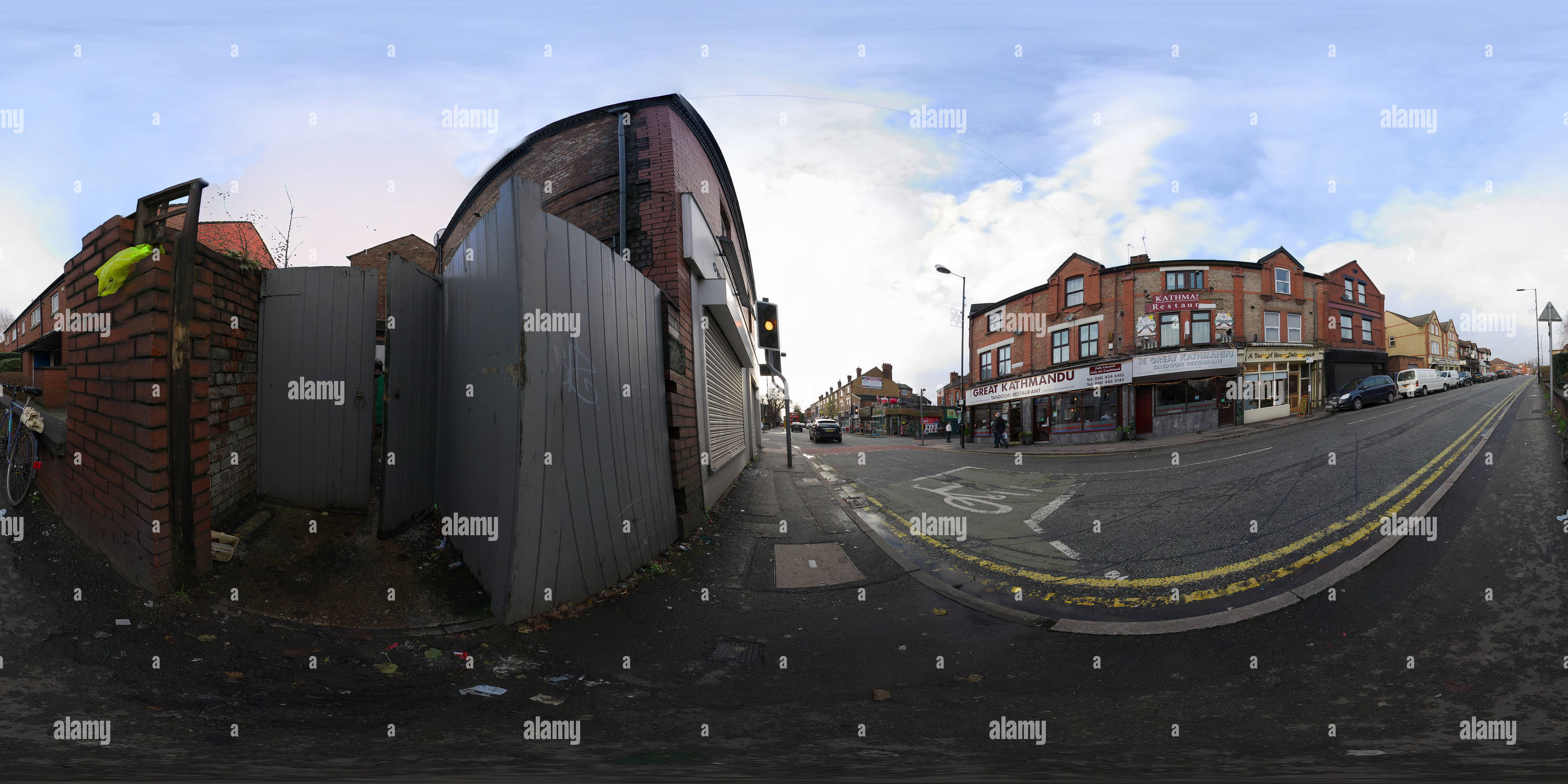 360 degree panoramic view of Burton Road, West Didsbury, Manchester UK