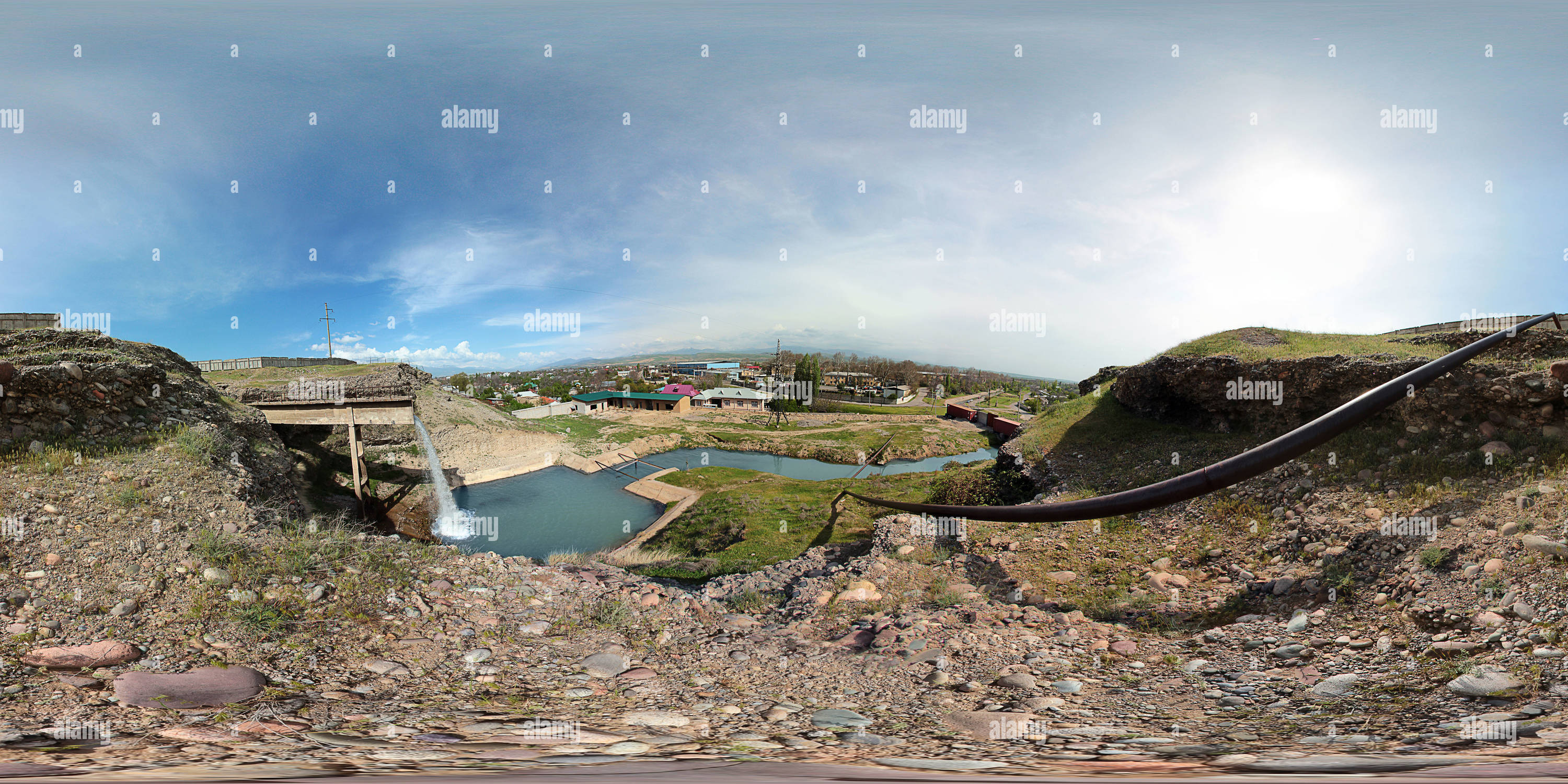 360 degree panoramic view of Man-made waterfall in the Lesosklad.