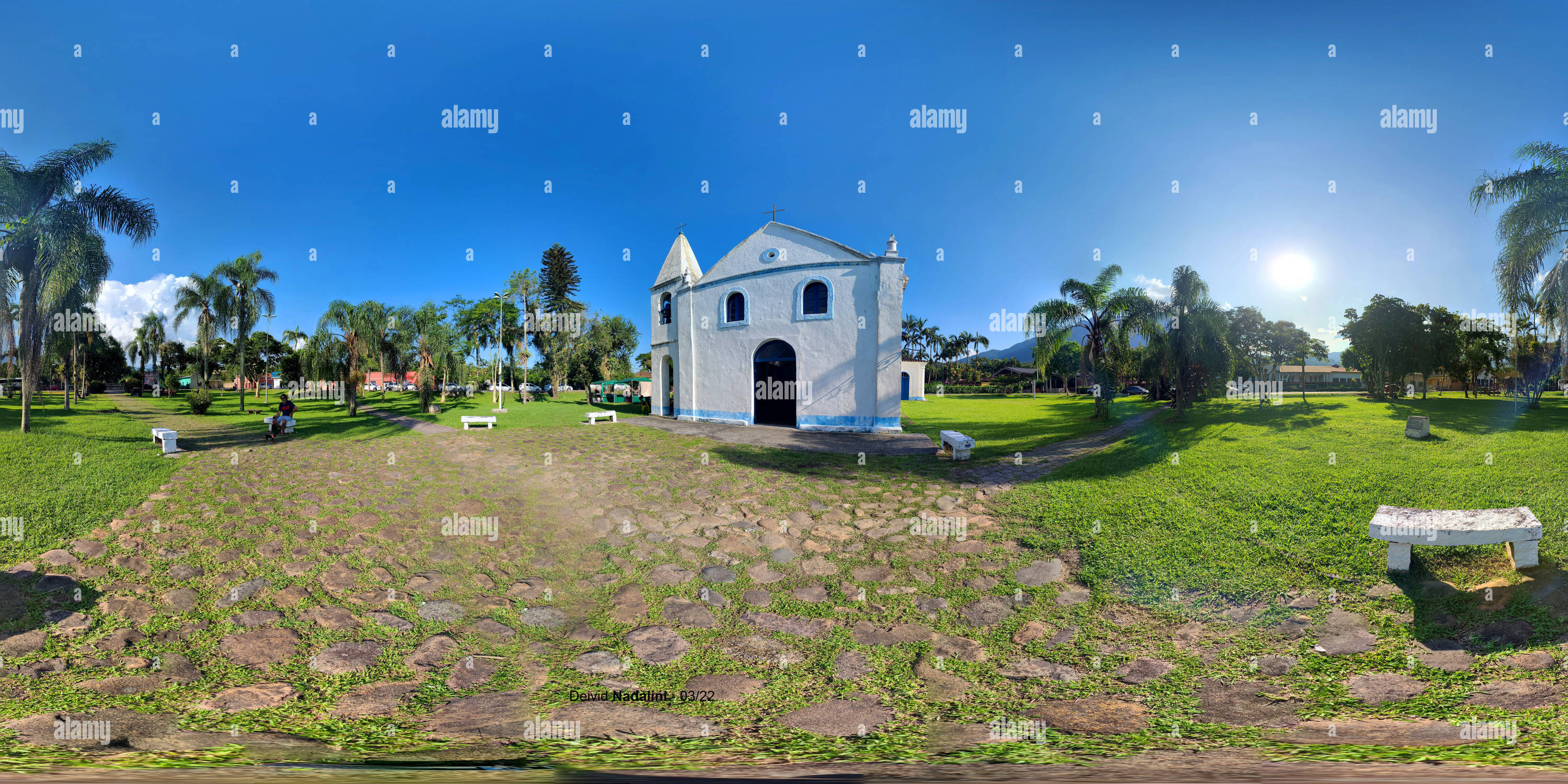 360 degree panoramic view of Church of São Sebastião, in Morretes, Brazil, on a beautiful sunny day.