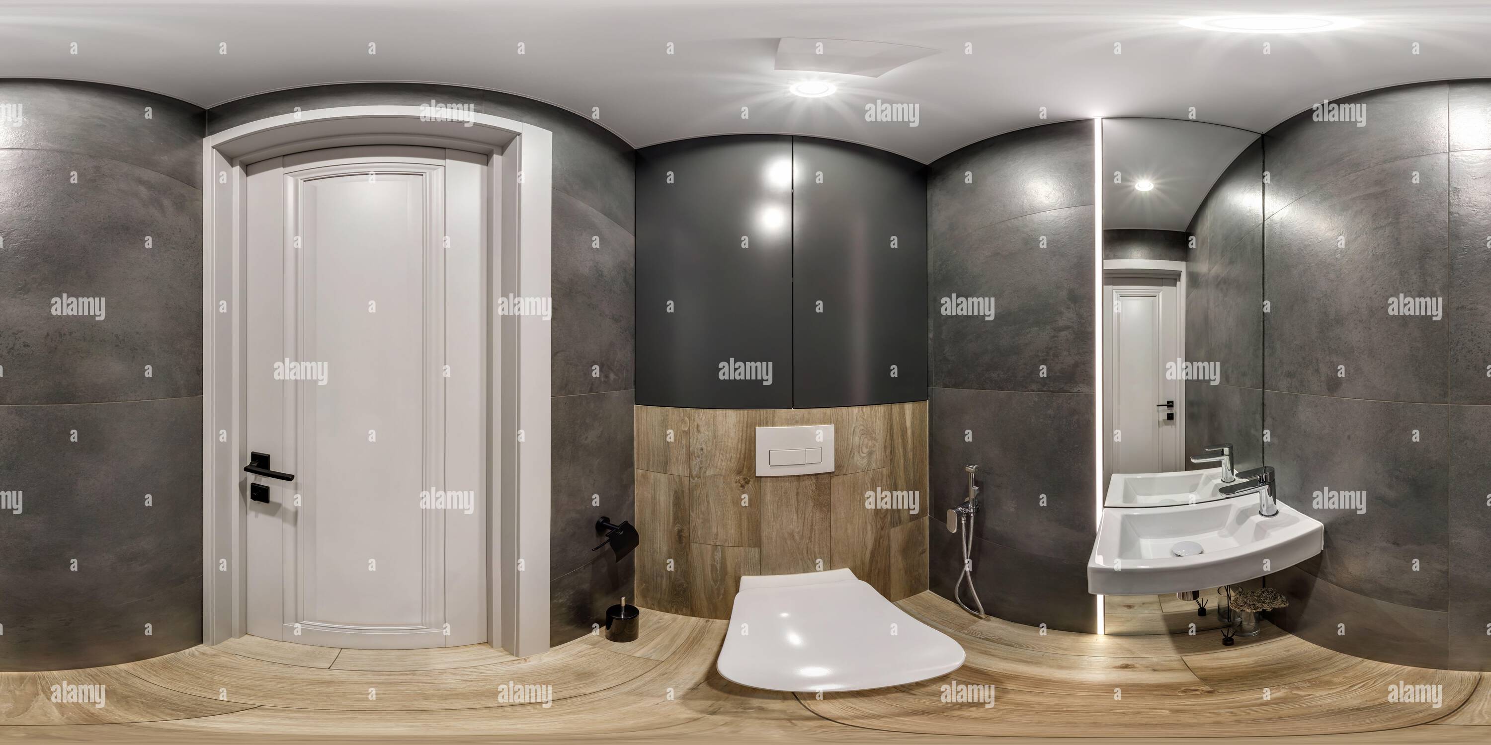 360 degree panoramic view of seamless 360 hdri panorama in interior of expensive bathroom in modern flat apartments with bidet and washbasin in equirectangular projection with zen