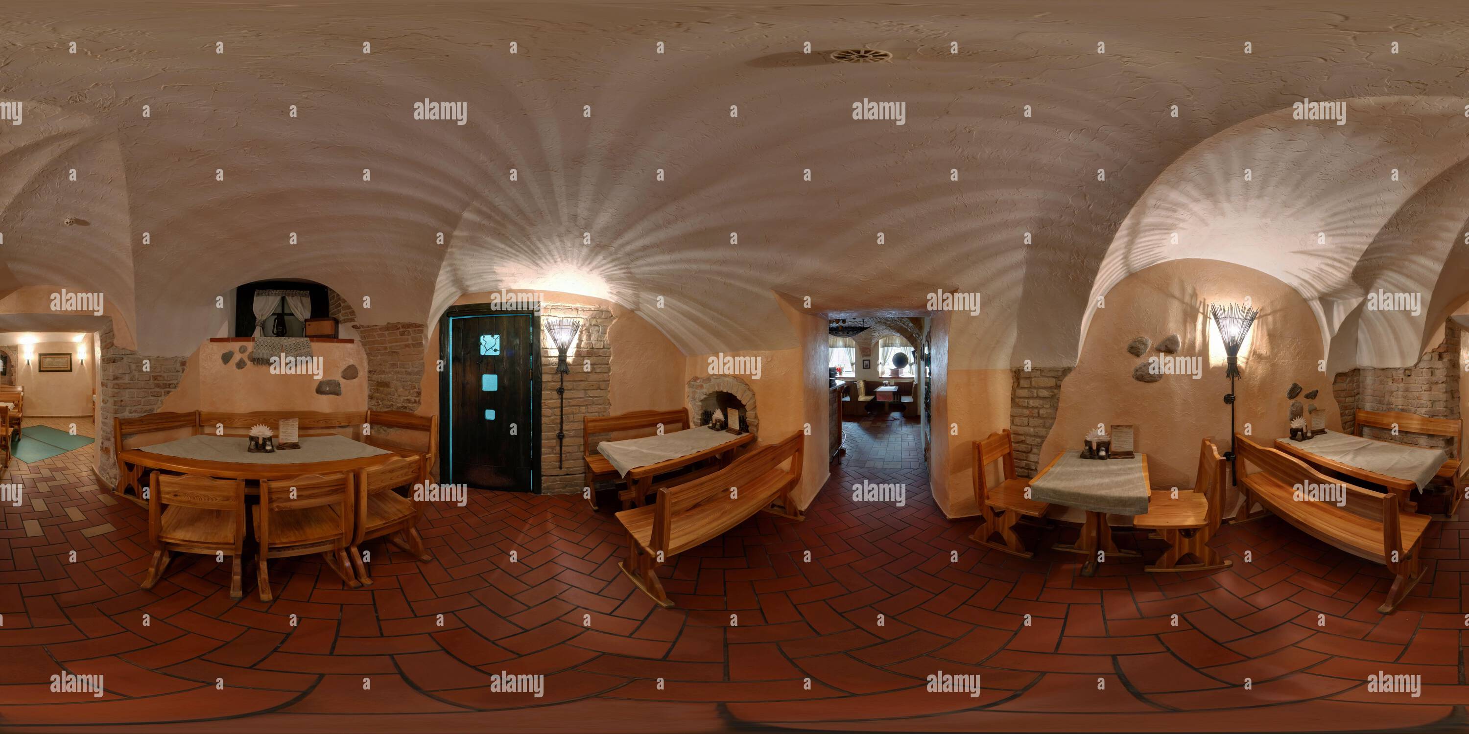 360 degree panoramic view of Full seamless 360 panorama in equirectangular spherical projection in interior of cafe in vintage folk style in old cave  with brick walls,