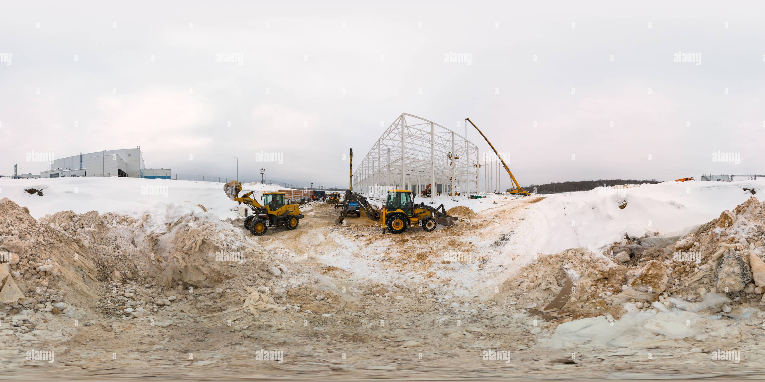 360 degree panoramic view of Seamless full spherical 360 degree panorama in equirectangular projection of winter industrial building process in Tula, Russia - February 5, 2013