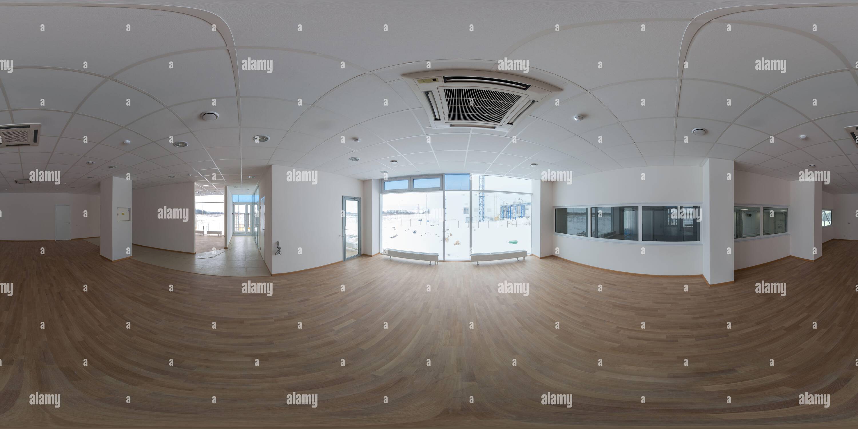 360 degree panoramic view of Seamless full spherical 360 degree panorama in equirectangular projection of empty small office room in industrial building with built-in ceiling air