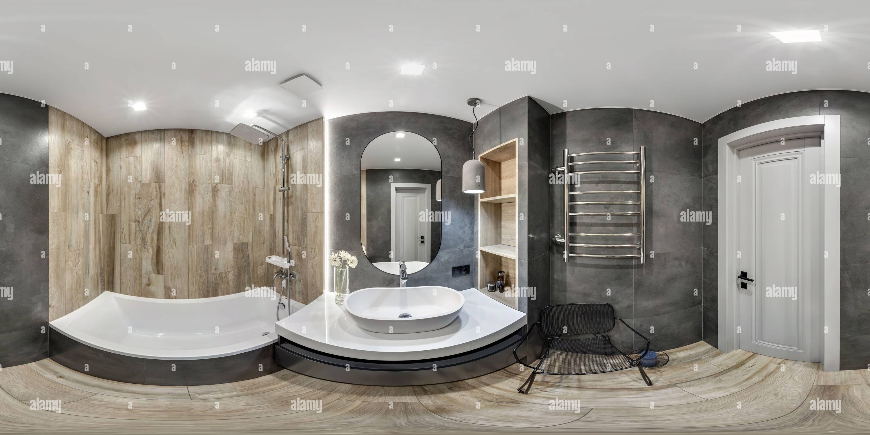 360 degree panoramic view of full seamless 360 hdri panorama view in interior of expensive bathroom in modern flat apartments with washbasin and towel dryer in equirectangular pro