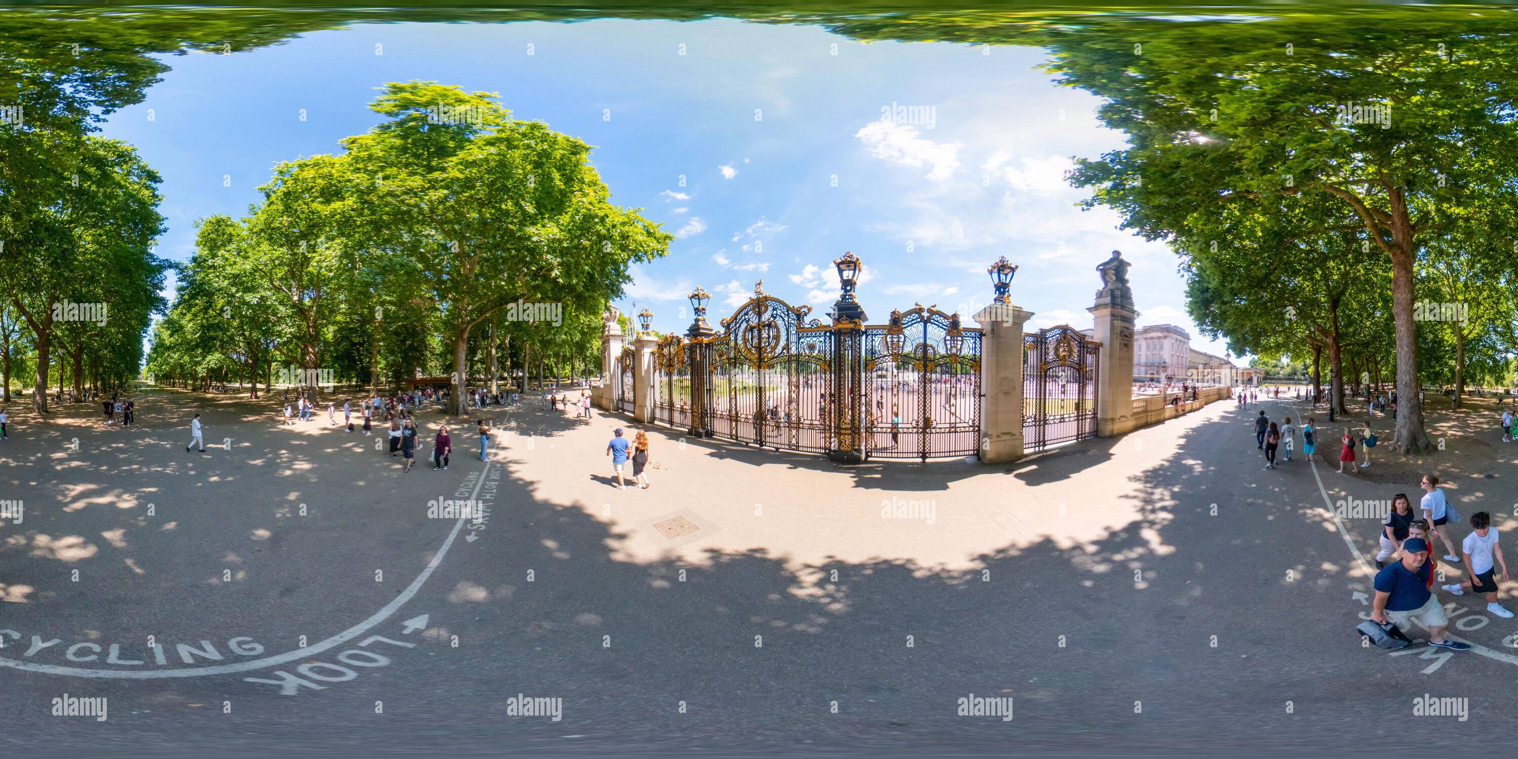 360 degree panoramic view of 360 photo gates to Buckingham Palace London UK