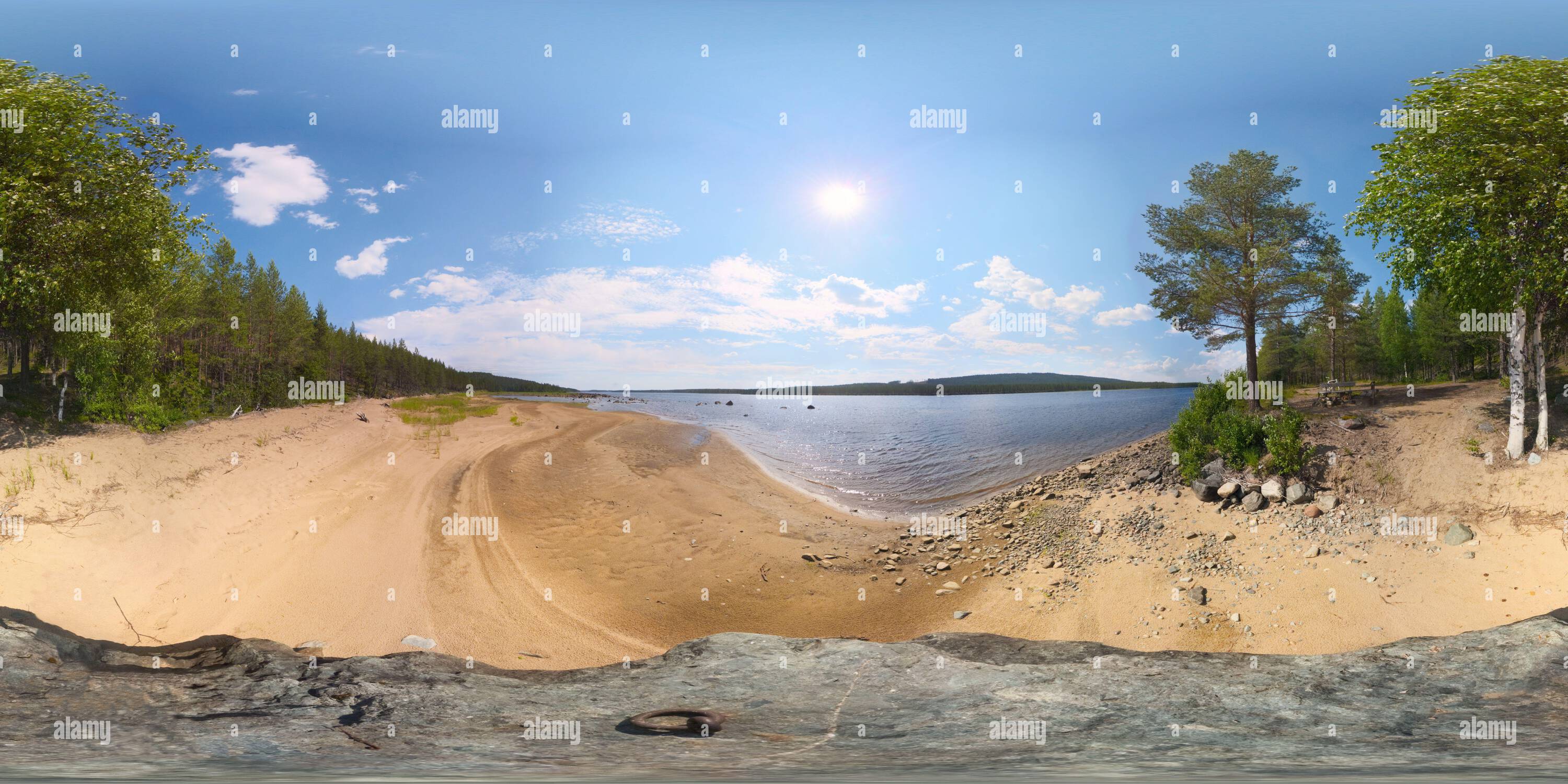 360 degree panoramic view of Spherical panorama of scenic natural beach at Skellefte river, Sweden (equirectangular, usable in common panorama viewers).