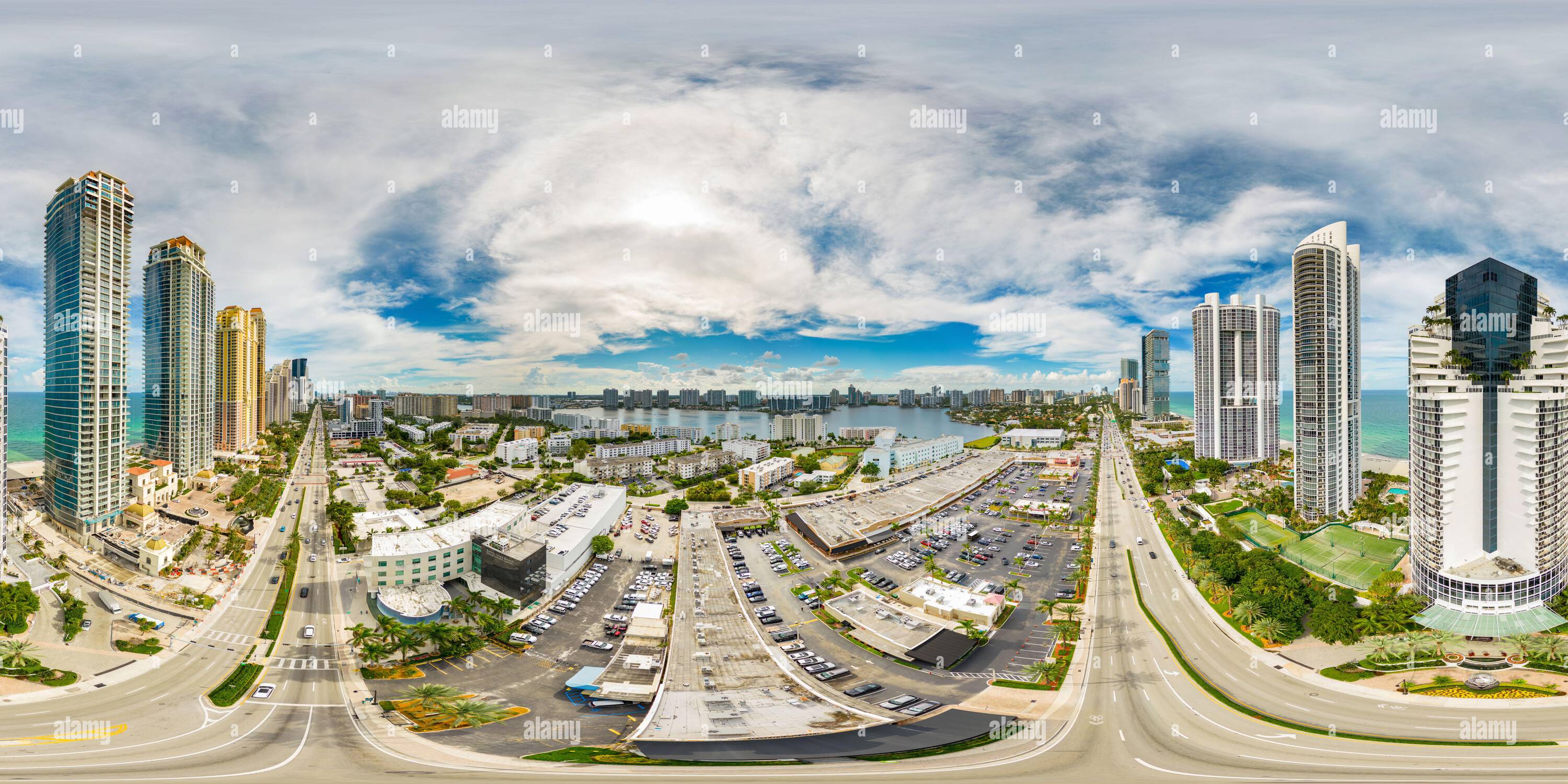 360 degree panoramic view of Sunny Isles Beach, FL, USA - August 23, 2022: Shopping centers Sunny Isles Beach FL