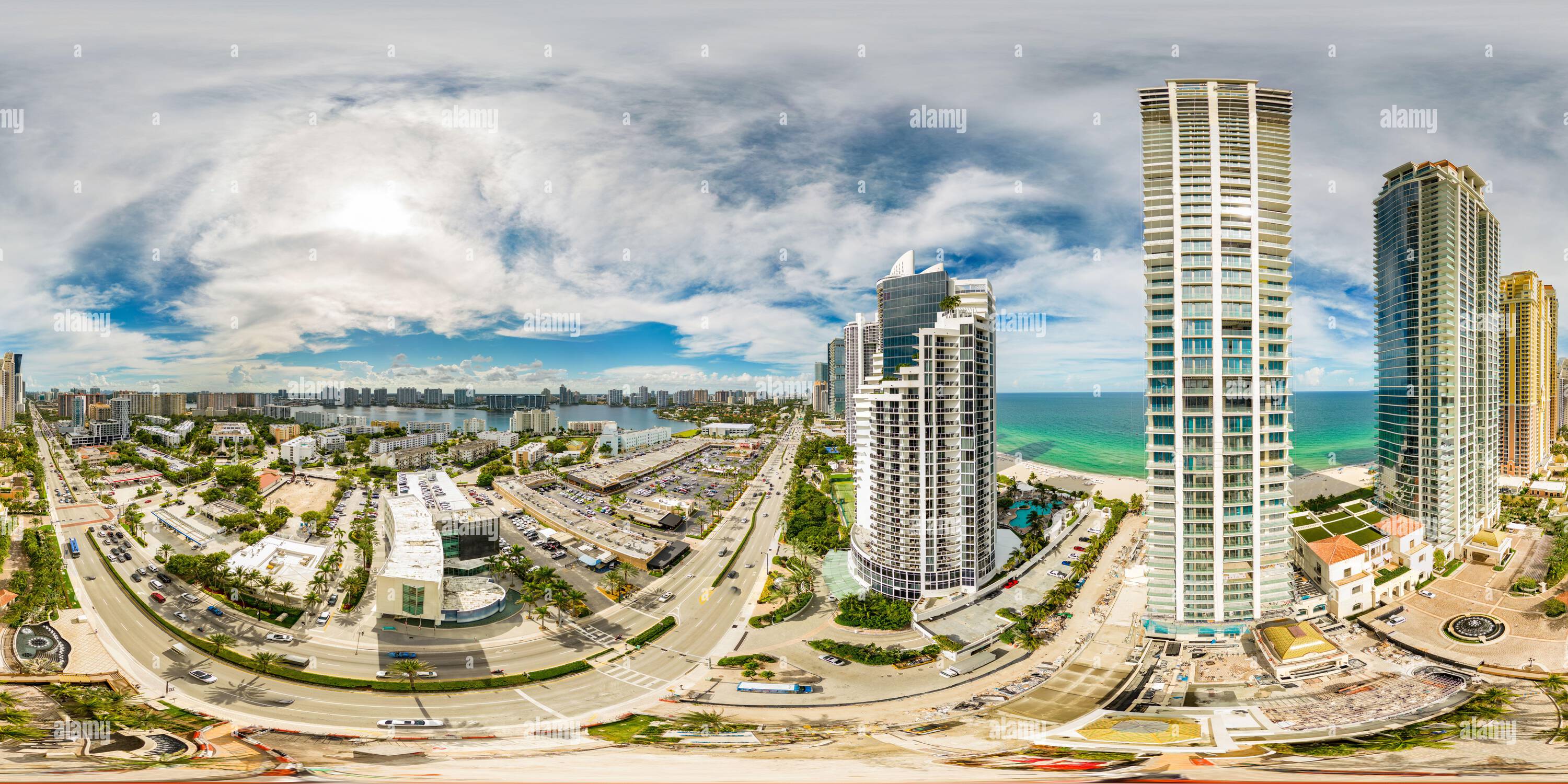 360 degree panoramic view of Highrise towers on Collins Avenue Sunny Isles Beach shot with 360 aerial drone USA