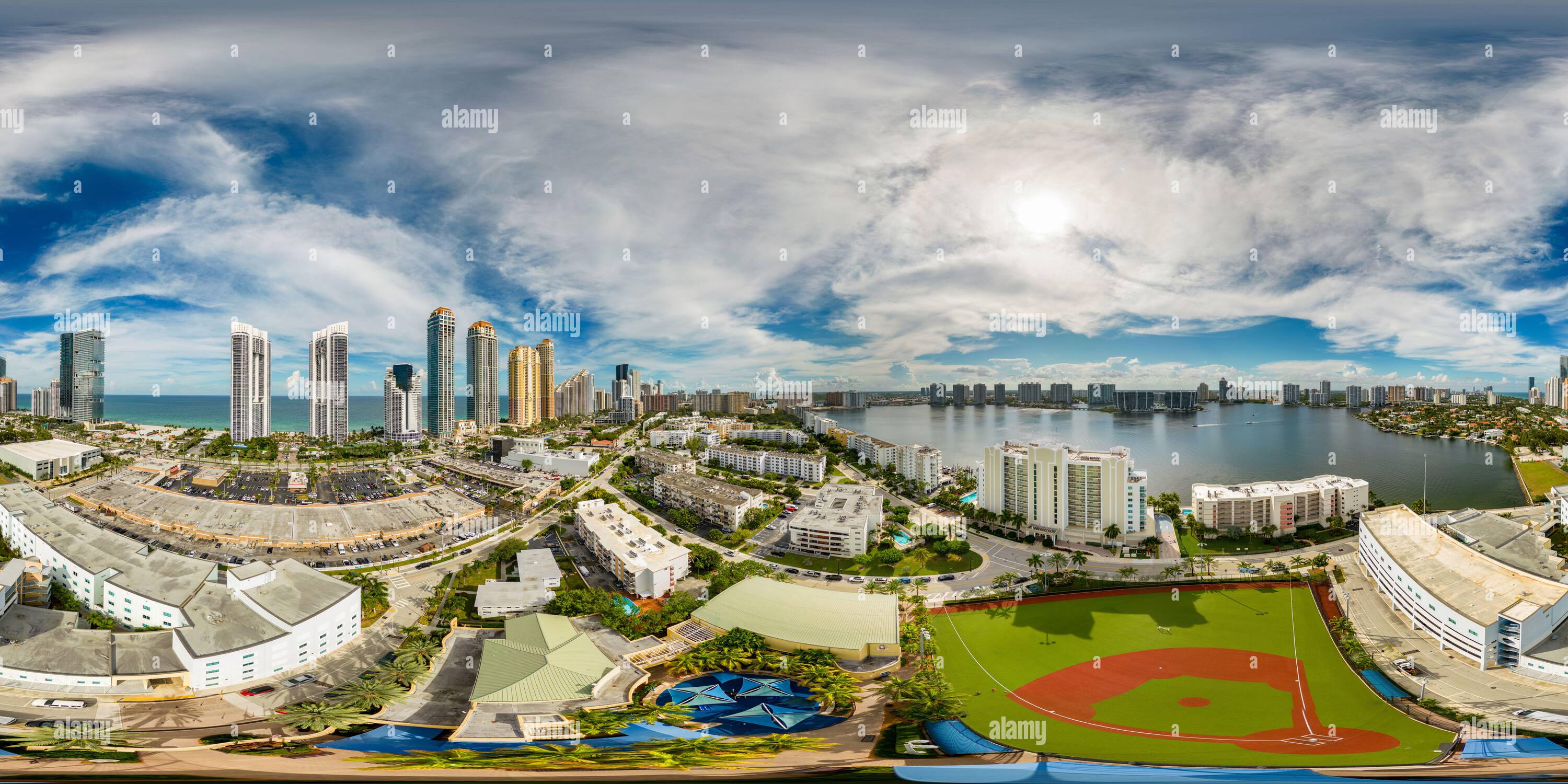 360 degree panoramic view of Aerial 360 photo par with baseball field Sunny Isles Beach FL USA