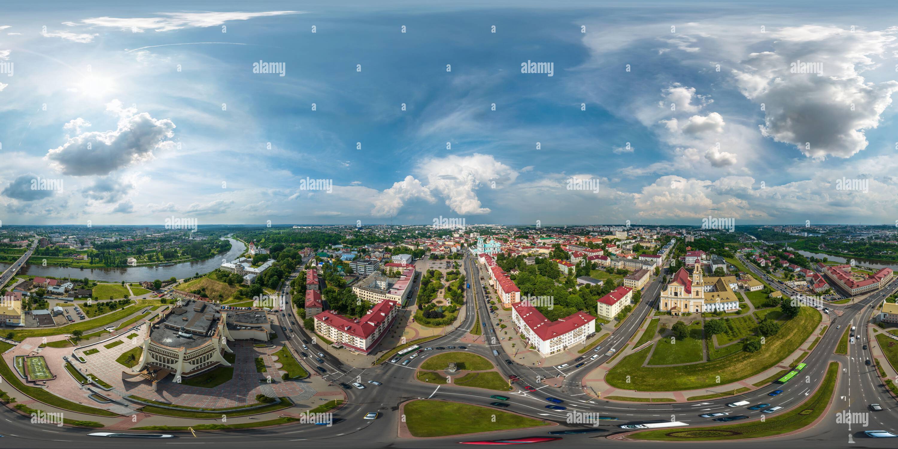 360 degree panoramic view of aerial full seamless spherical 360 hdri panorama view overlooking old town, urban development, historic buildings, crossroads with bridge across wide