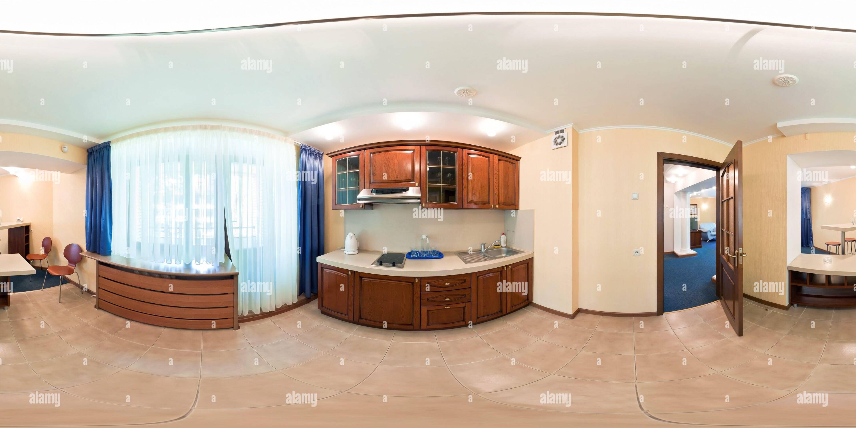 Equirectangular Kitchen 360° view of seamless 360 panorama in interior of kitchen of cheap ...