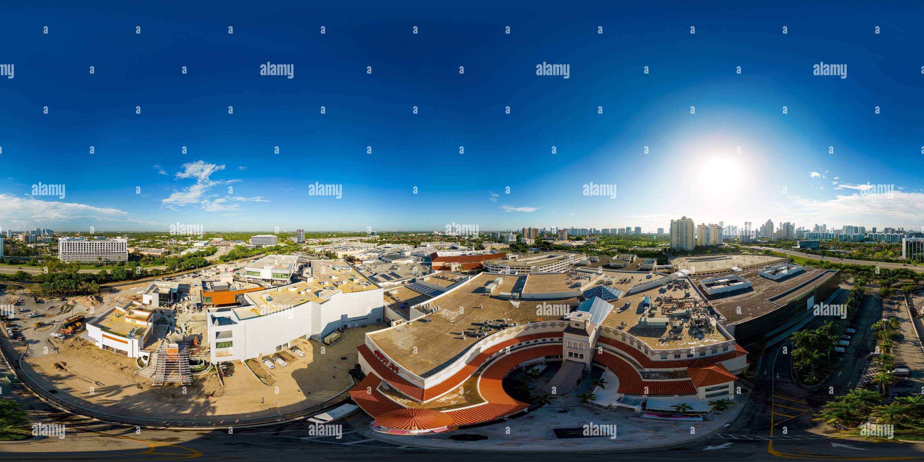 360 degree panoramic view of Aventura, FL, USA - September 20, 2022: Aerial 360 equirectangular spherical vr photo Aventura Mall AMC Movie Theater and Cheesecake Factory entrance