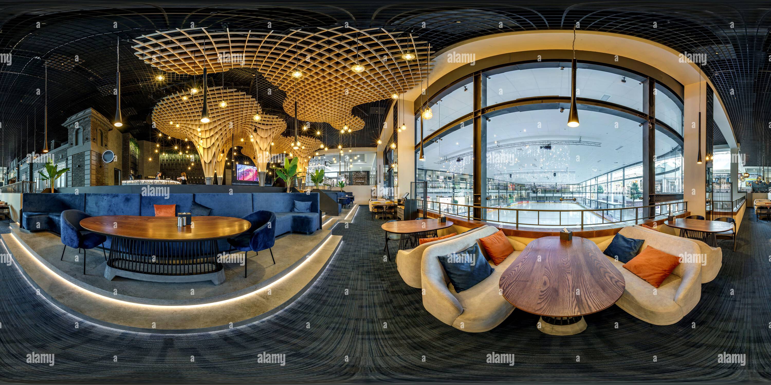 360 degree panoramic view of MOSCOW, RUSSIA - NOVEMBER, 2021: spherical seamless hdr 360 panorama in interior of banquet hall with appliances in luxury restaurant with intimate li