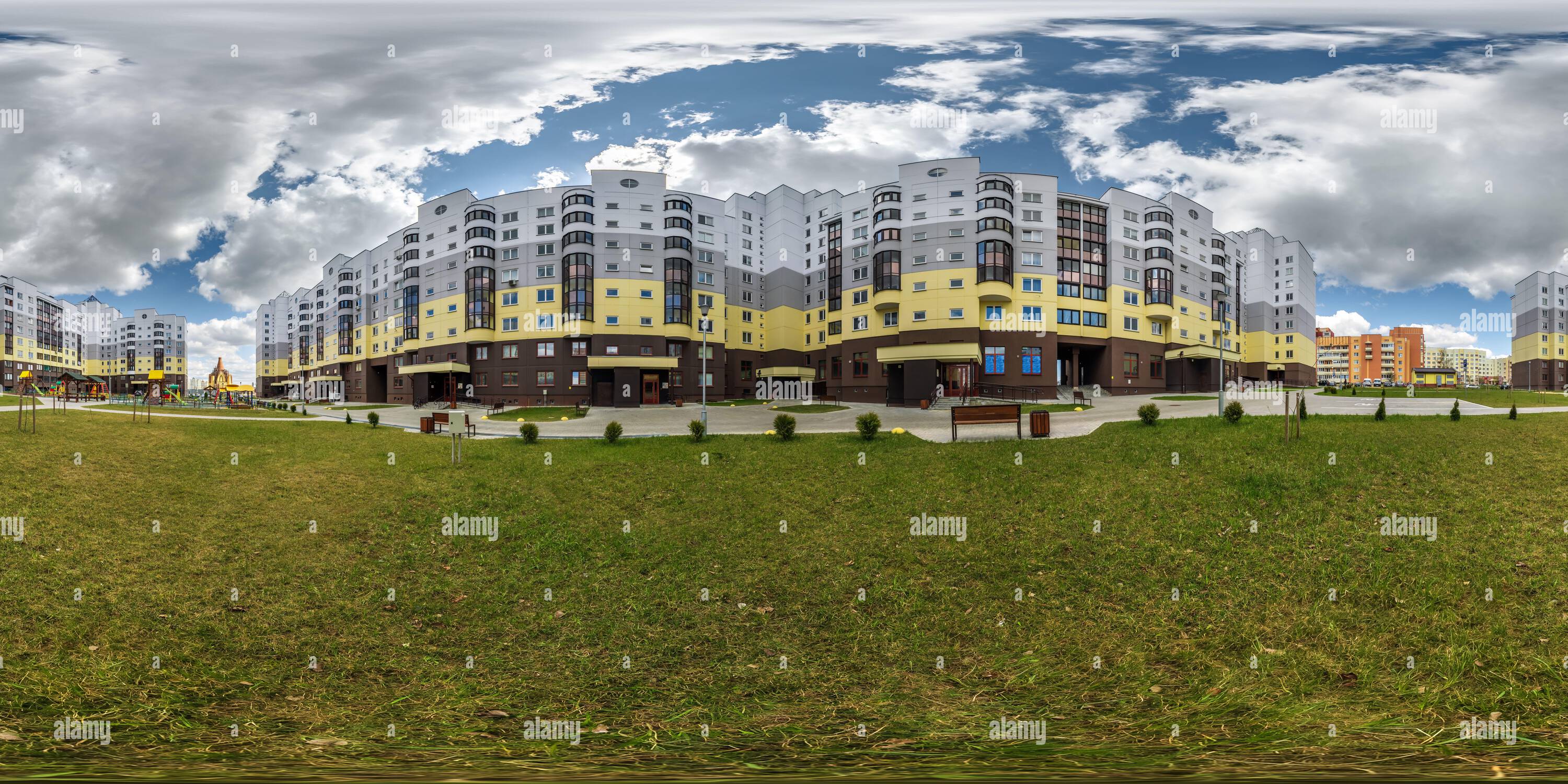 360 degree panoramic view of 360 hdri panorama near playground in middle of modern multi-storey multi-apartment residential complex of urban development in equirectangular seamles