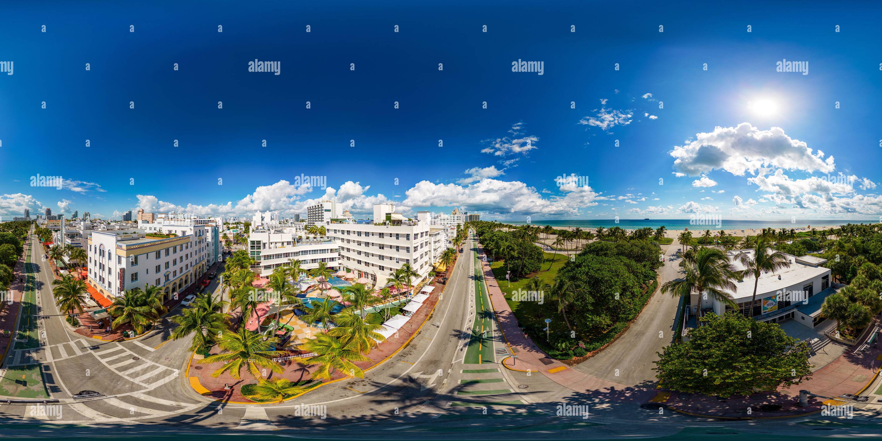 360 degree panoramic view of Miami Beach, FL, USA - October 6, 2022: Aerial 360 equirectangular photo Miami Beach South Beach Clevelander Hotel and pool bar