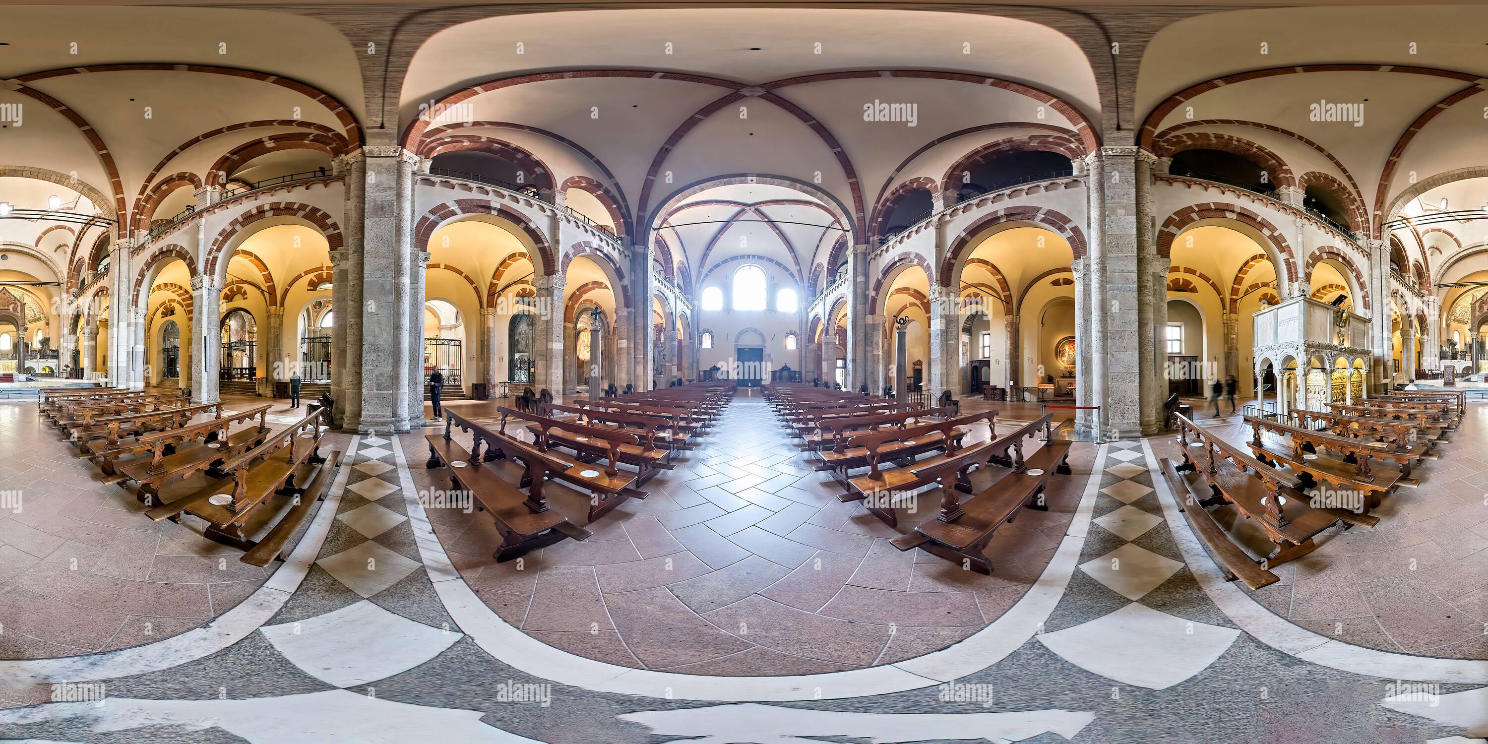 360 degree panoramic view of Milan Lombardy Italy. Basilica di Sant'Ambrogio (Saint Ambrose Basilica)