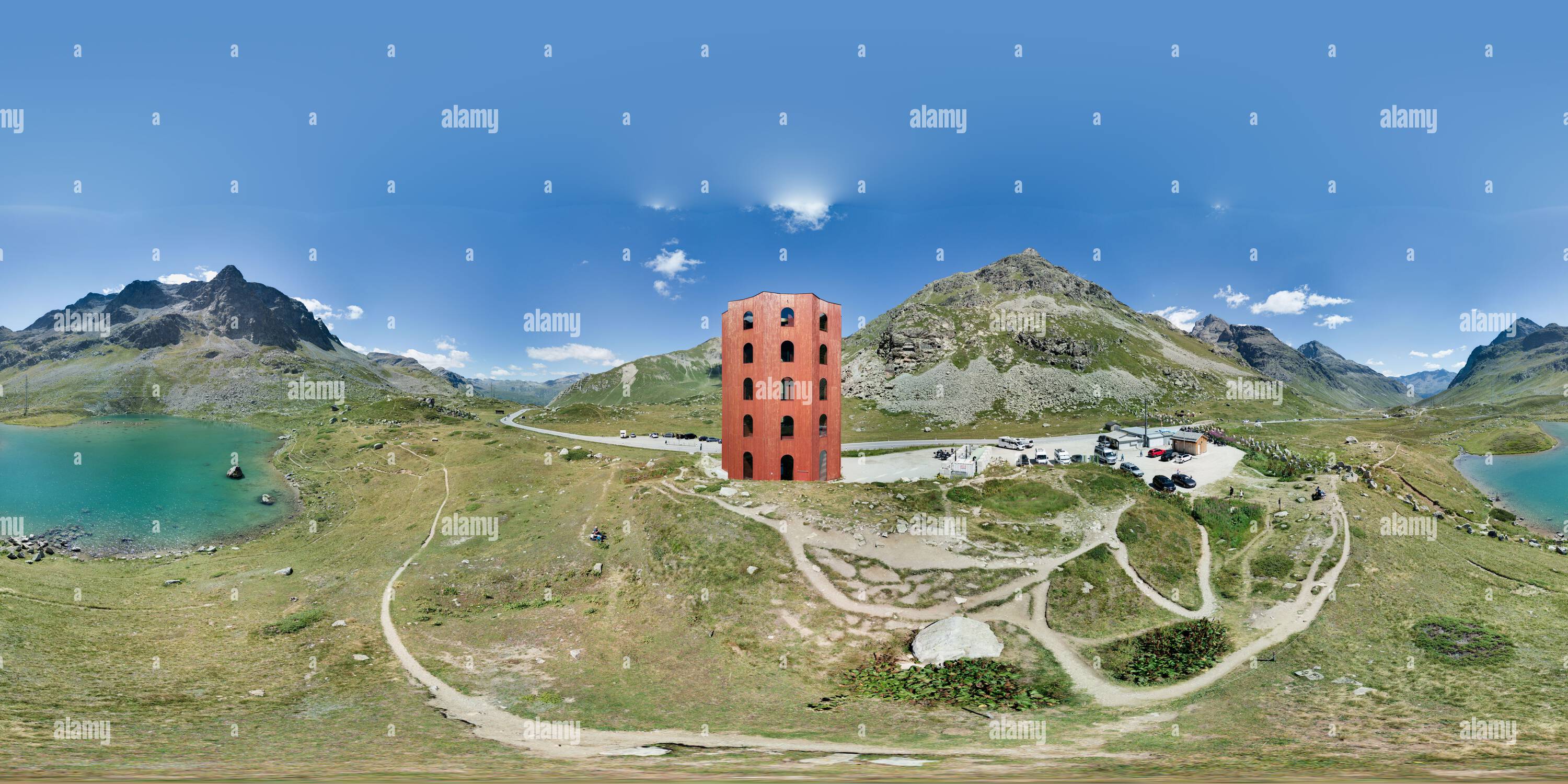 360 degree panoramic view of Origen Theater: Red wooden tower on the Julier Pass, Bivio, Switzerland.