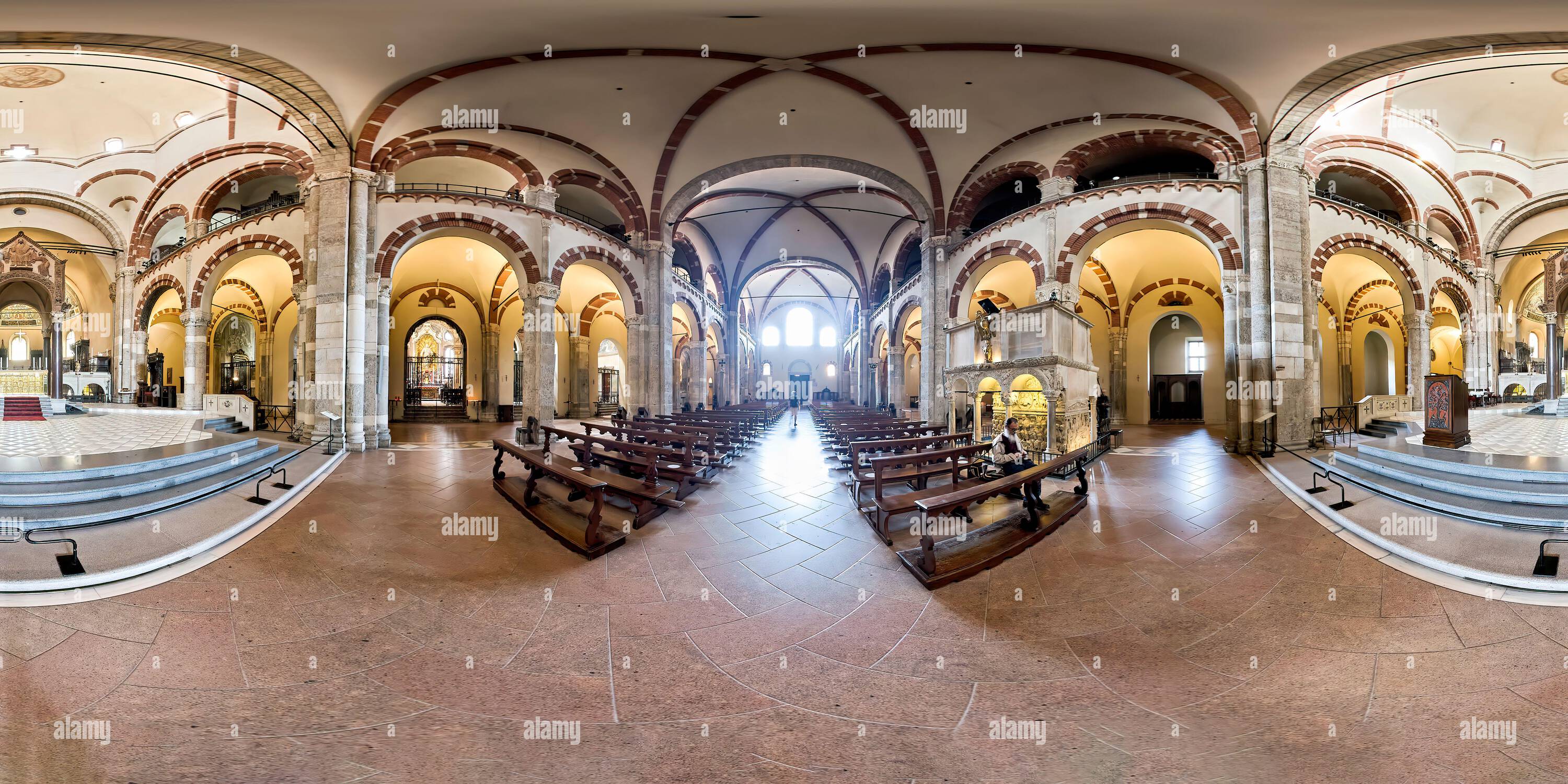 360 degree panoramic view of Milan Lombardy Italy. Basilica di Sant'Ambrogio (Saint Ambrose Basilica)