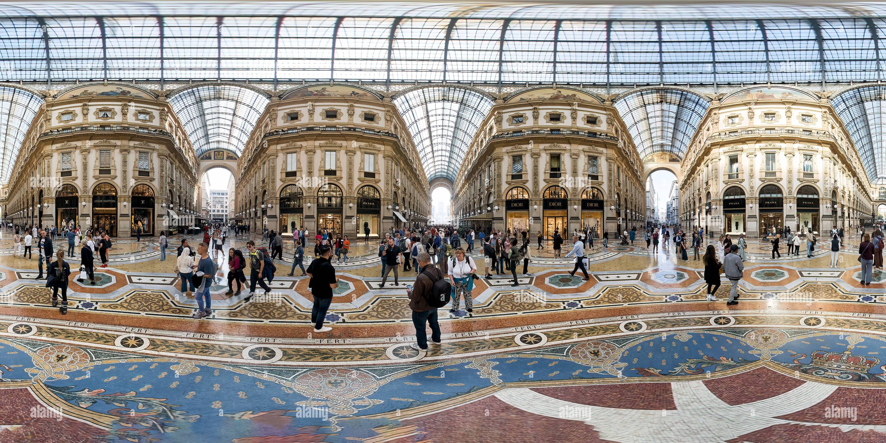 360 degree panoramic view of Milan Lombardy Italy. Galleria Vittorio Emanuele II