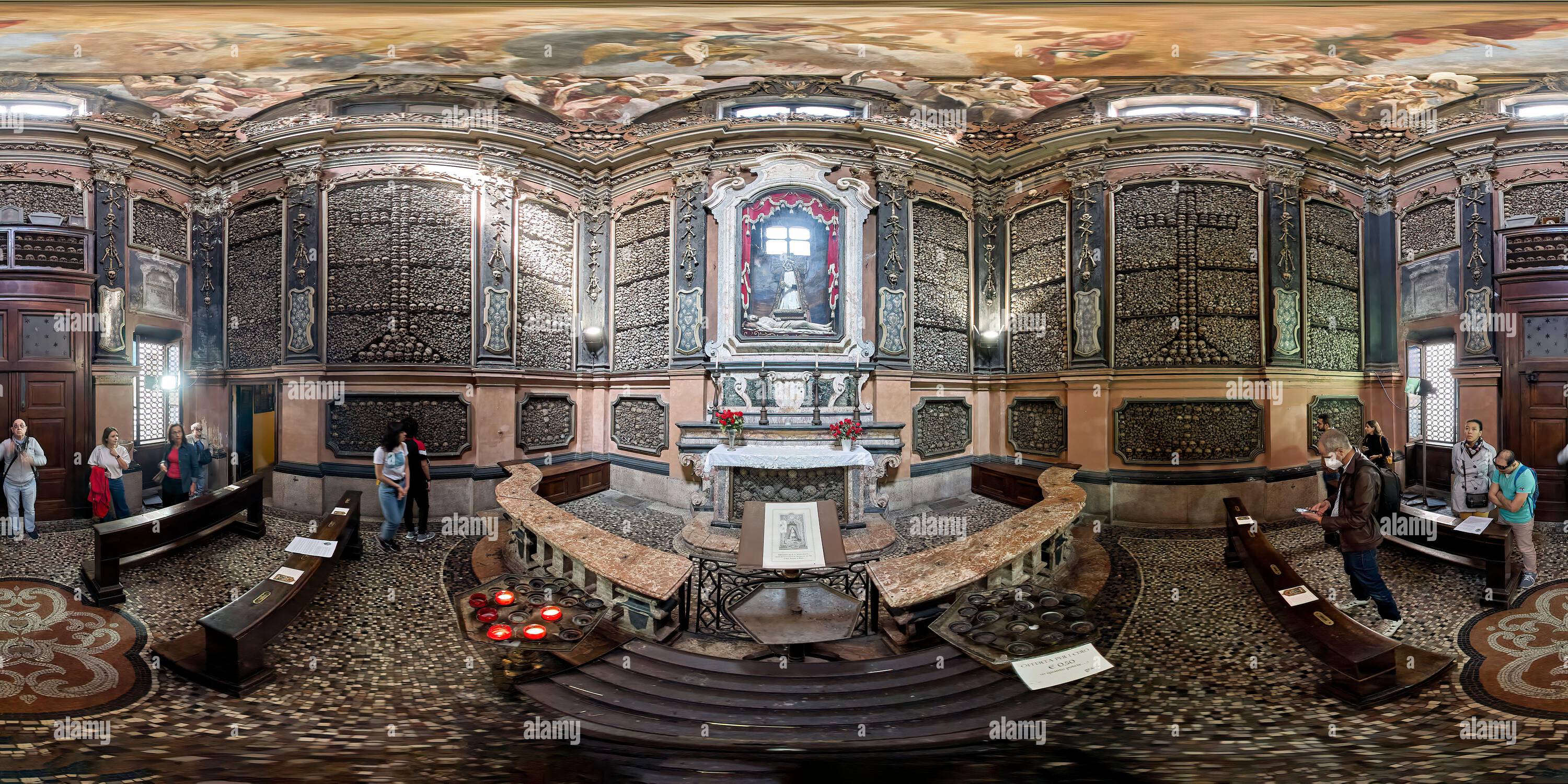 360 degree panoramic view of Milan Lombardy Italy. The ossuary inside the San Bernardino alle Ossa church