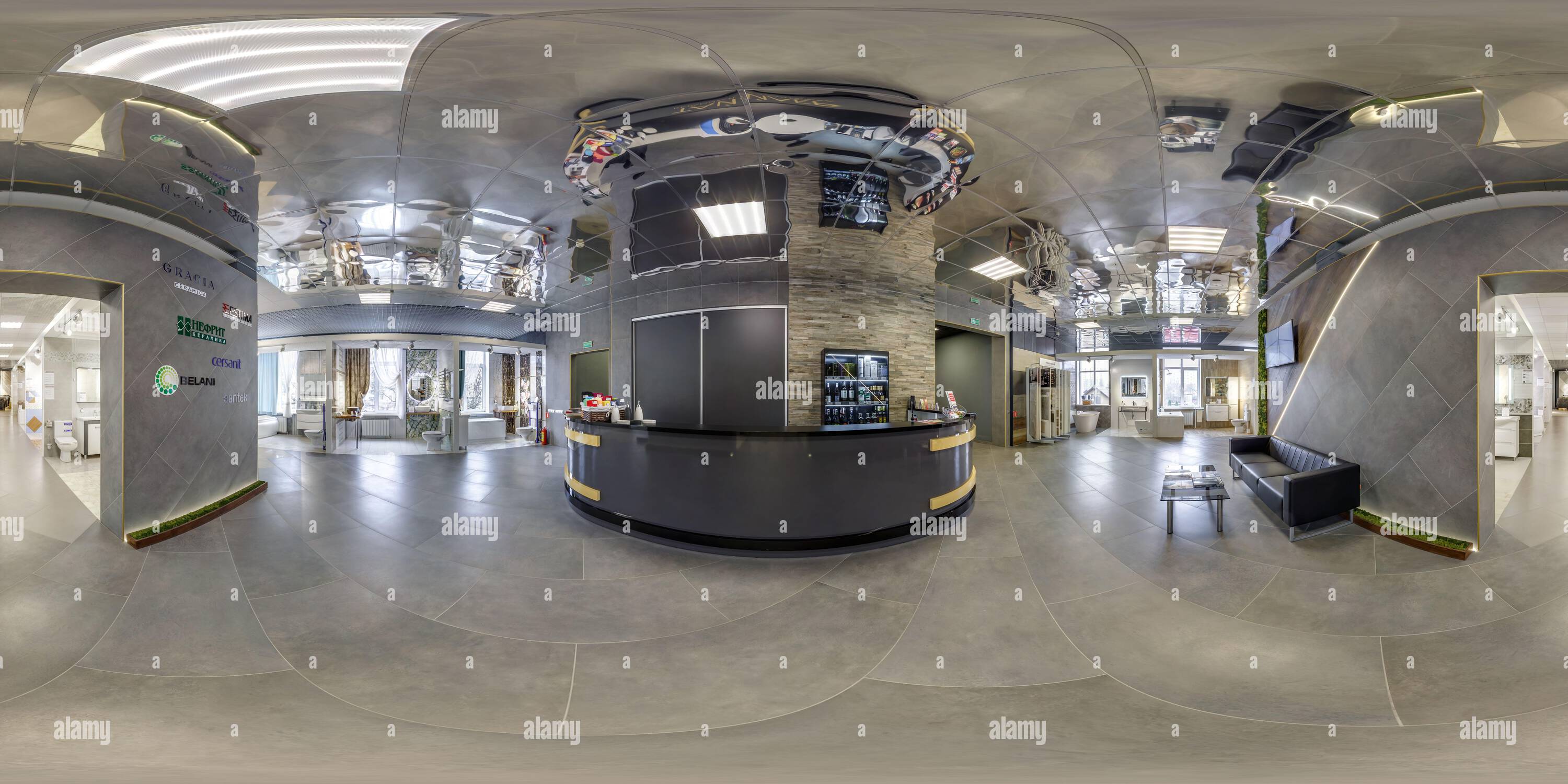 360 degree panoramic view of MINSK, BELARUS - APRIL, 2022: Full spherical seamless hdri 360 panorama inside interior of showroom elite plumbing, ceramic tile and natural stone in