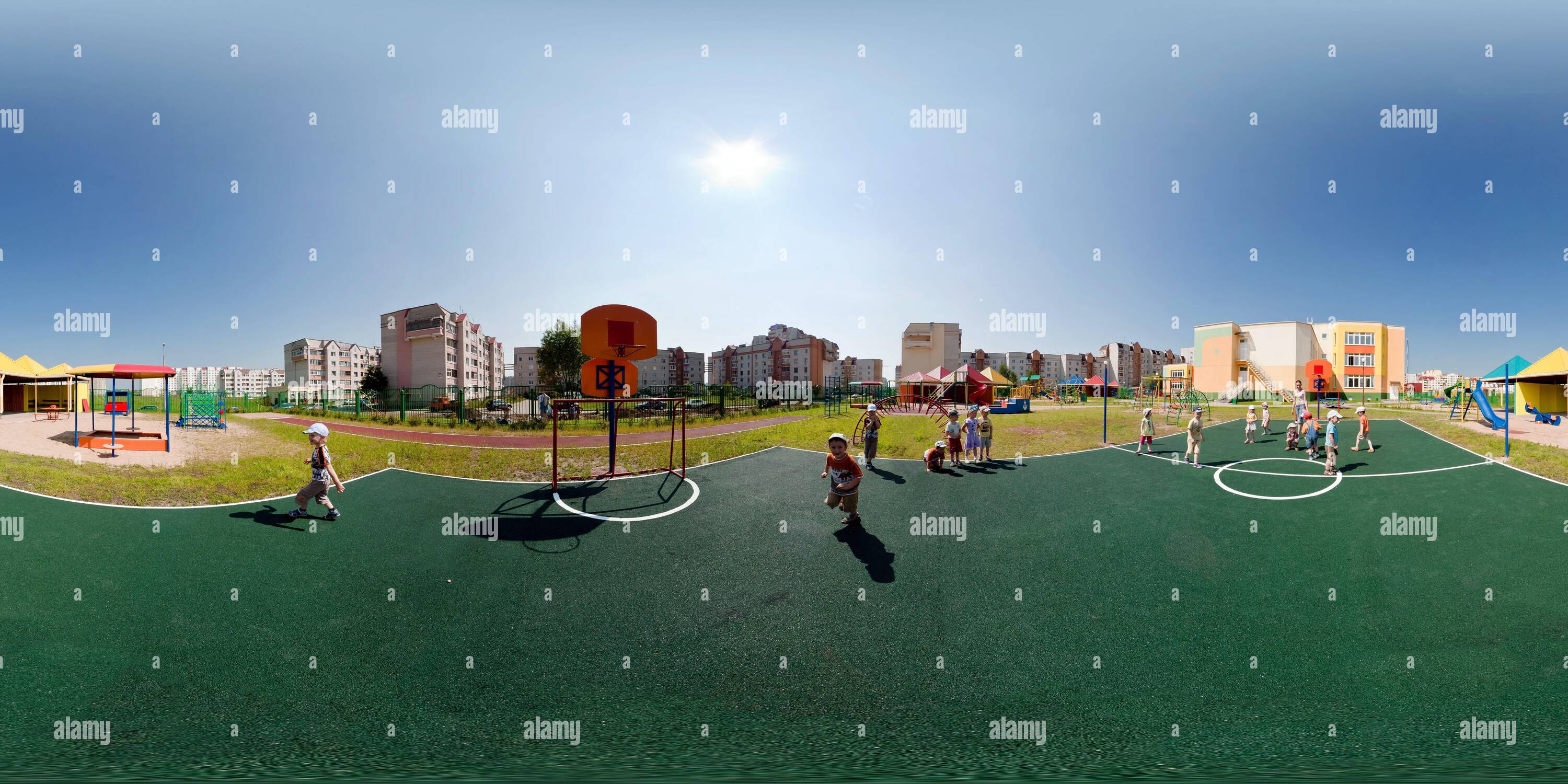 360 degree panoramic view of MINSk, BELARUS -  JUNE 2020: full seamless spherical  panorama 360 degrees angle with schoolchildren on the playground in equirectangular projection,