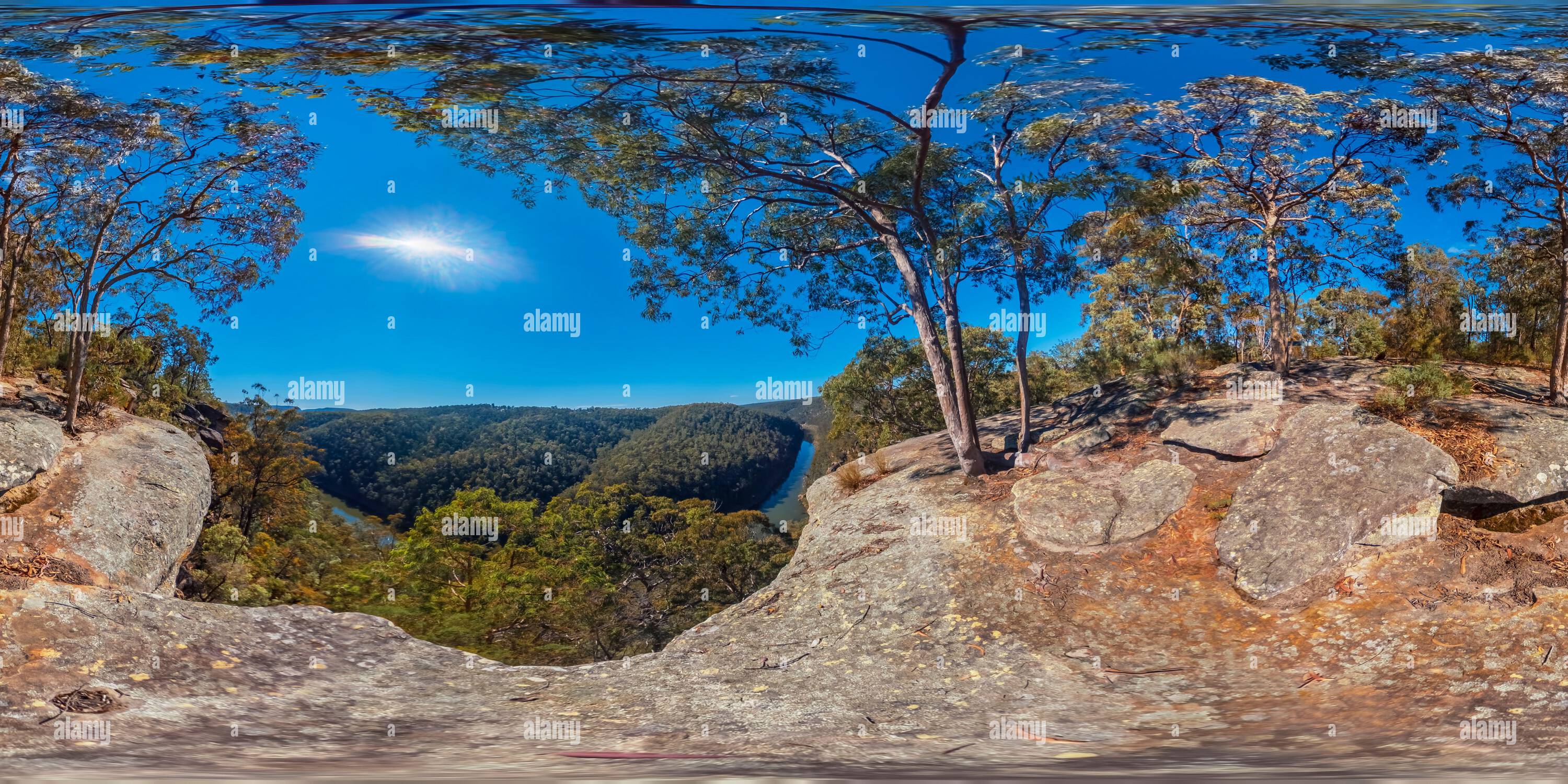 360 degree panoramic view of Spherical panoramic photograph of the Nepean River from the Nepean Lookout in the Blue Mountains National Park in New South Wales in Australia