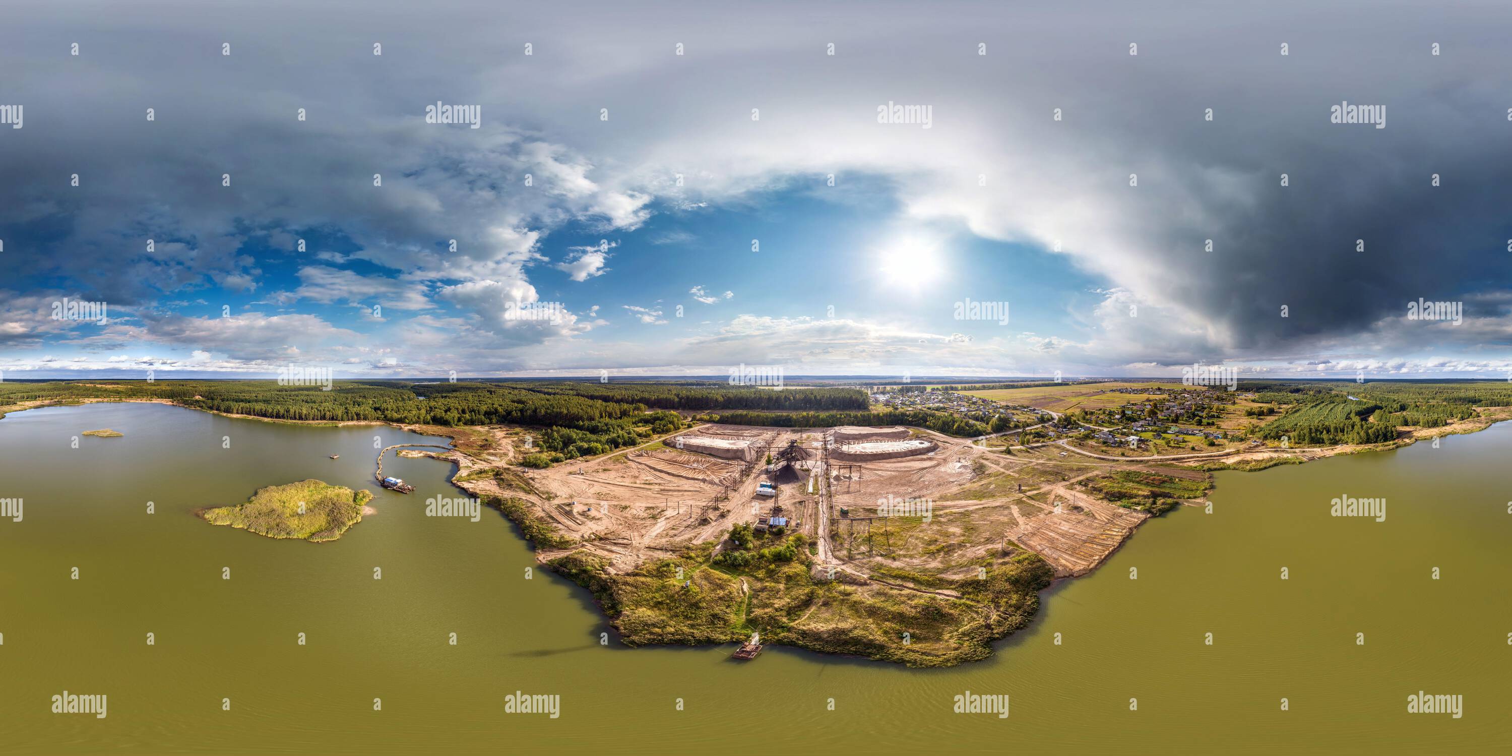 360 degree panoramic view of full seamless spherical hdri 360 panorama aerial view over chalkpit on limestone coast of quarry with green water in evening in equirectangular projec