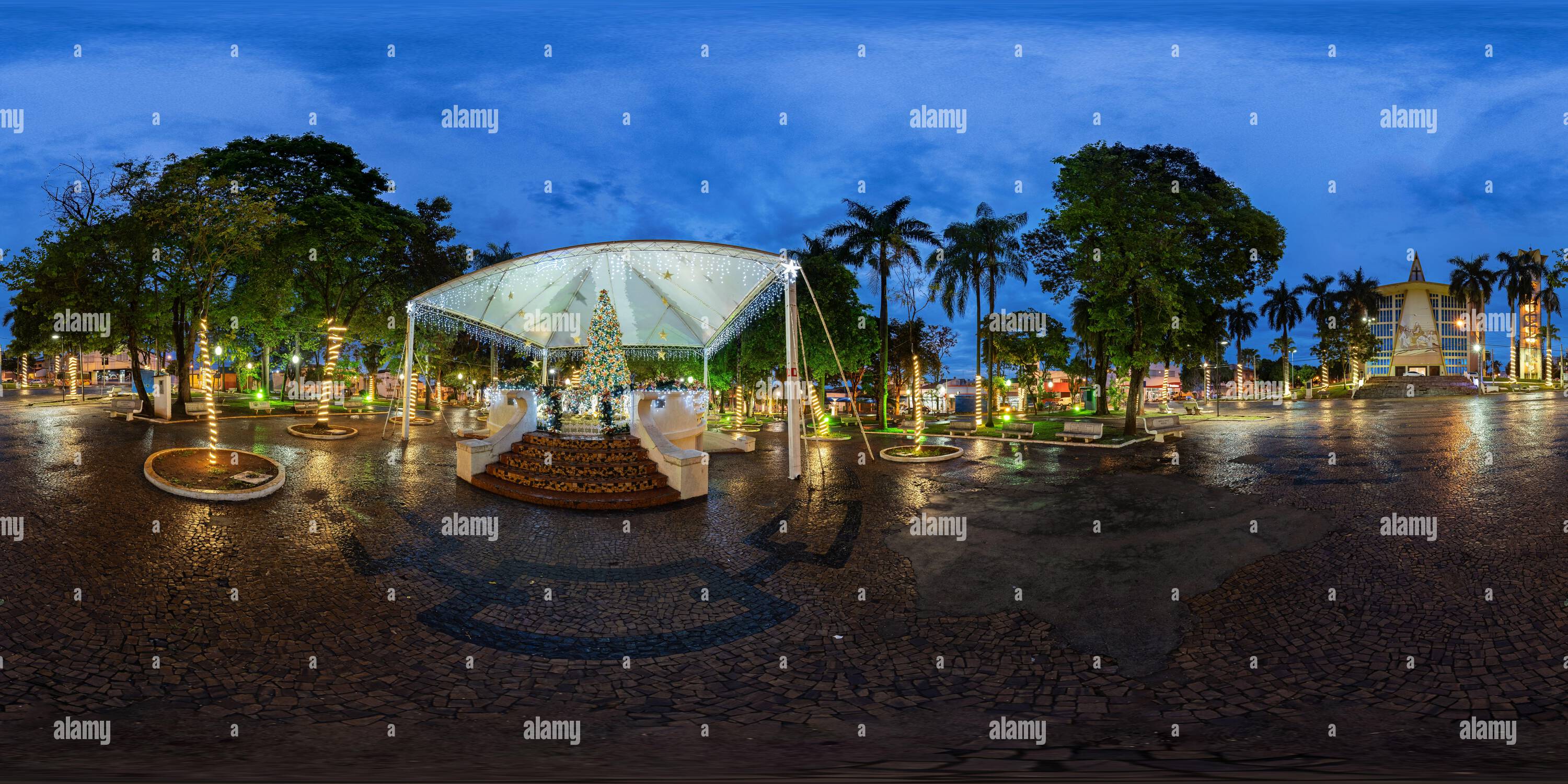 360 degree panoramic view of equirectangular photo with nativity scene in a square in Bariri, Sao Paulo, Brazil.