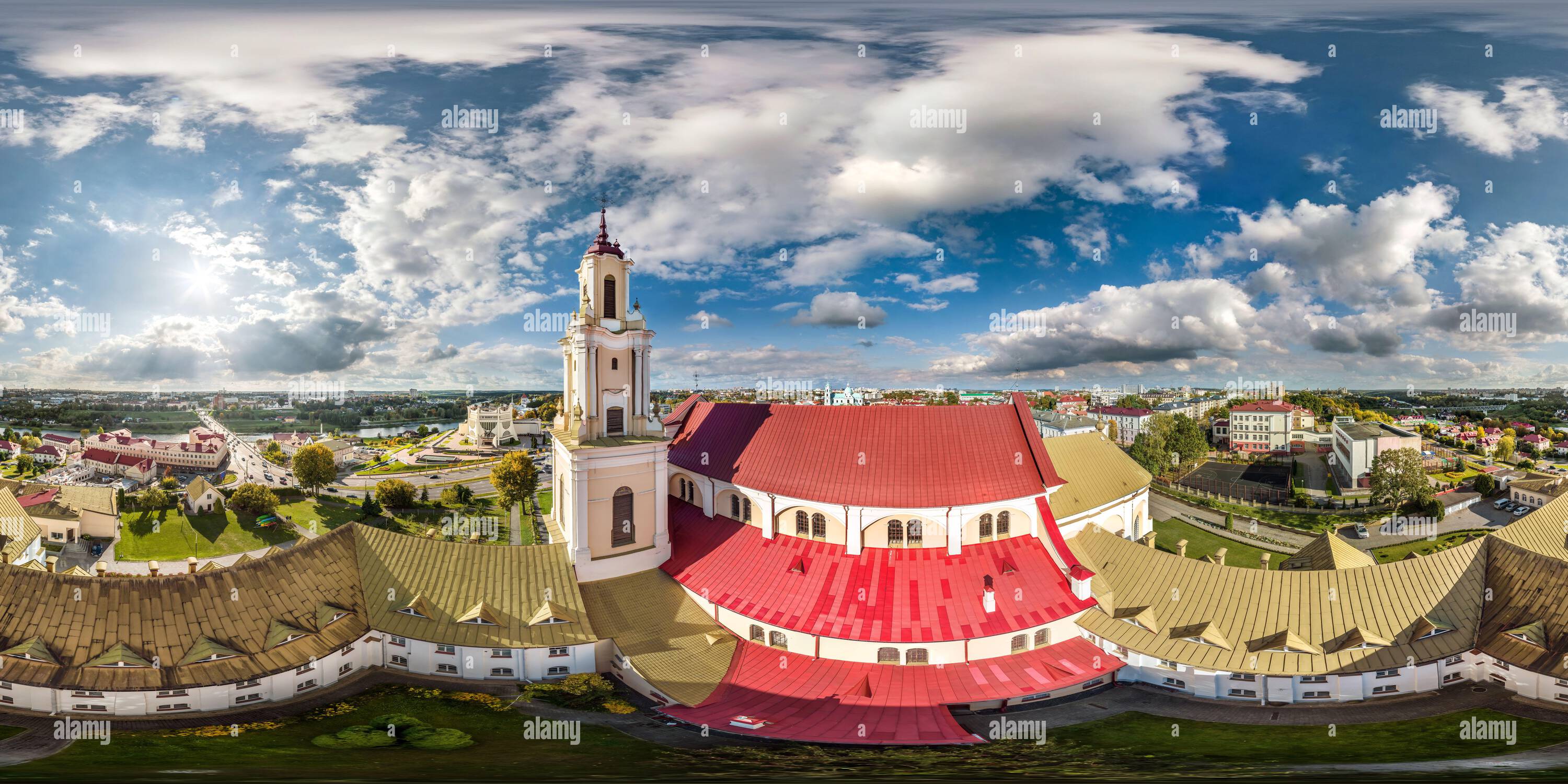 360 degree panoramic view of full hdri 360 panorama aerial view over baroque monastery or catholic church in old city in equirectangular projection with zenith and nadir. VR  AR c